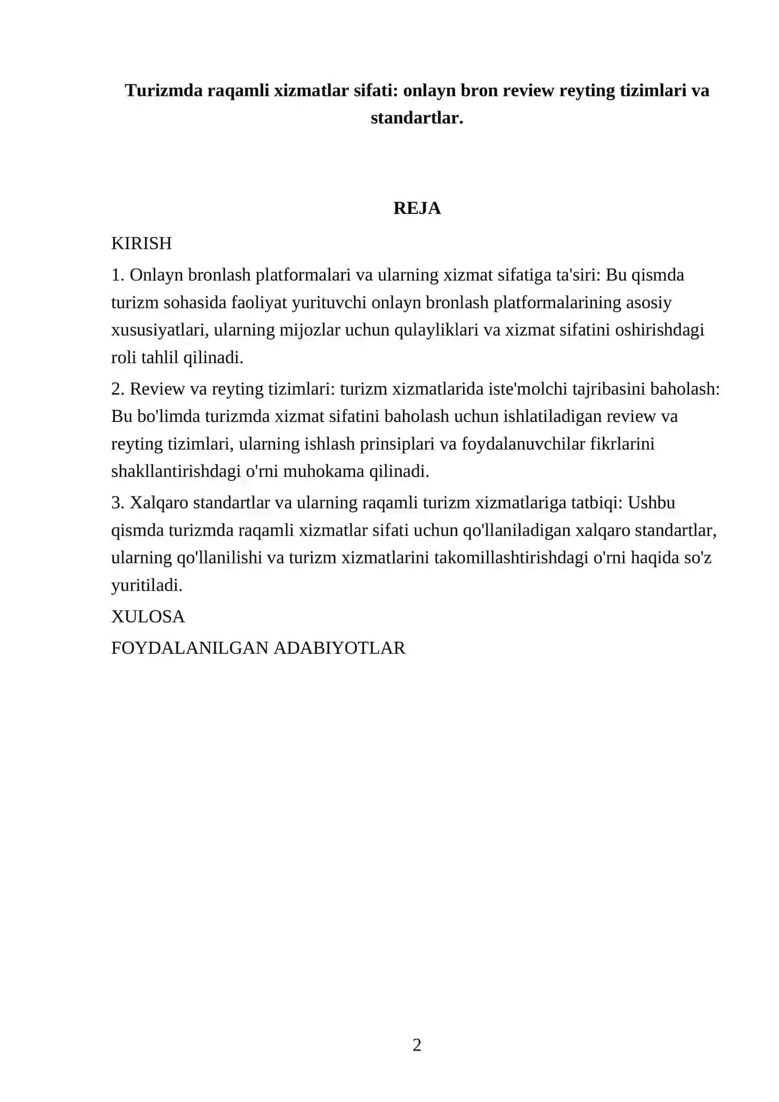 Turizmda raqamli xizmatlar sifati: onlayn bron review reyting tizimlari va standartlar 2