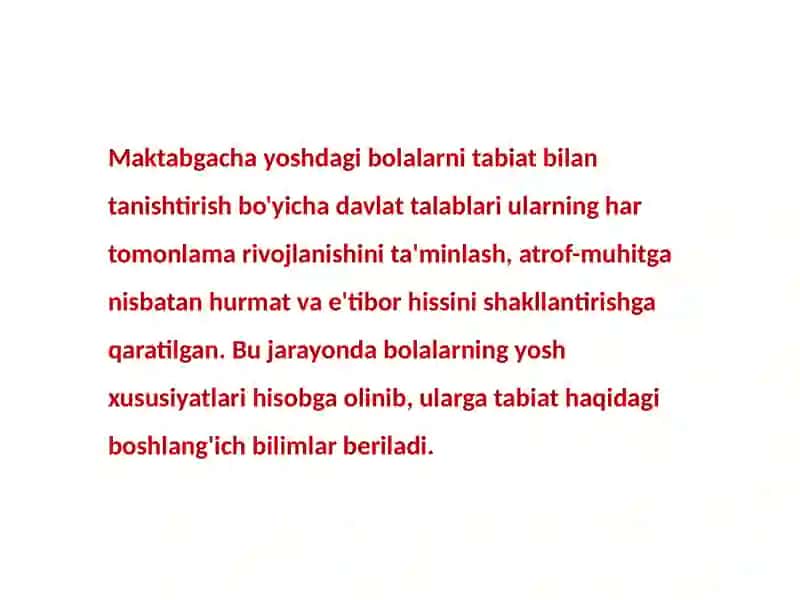 Maktabgacha yoshdagi bolalarni tabiat bilan tanishtirish bo'yicha davlat talablari 2