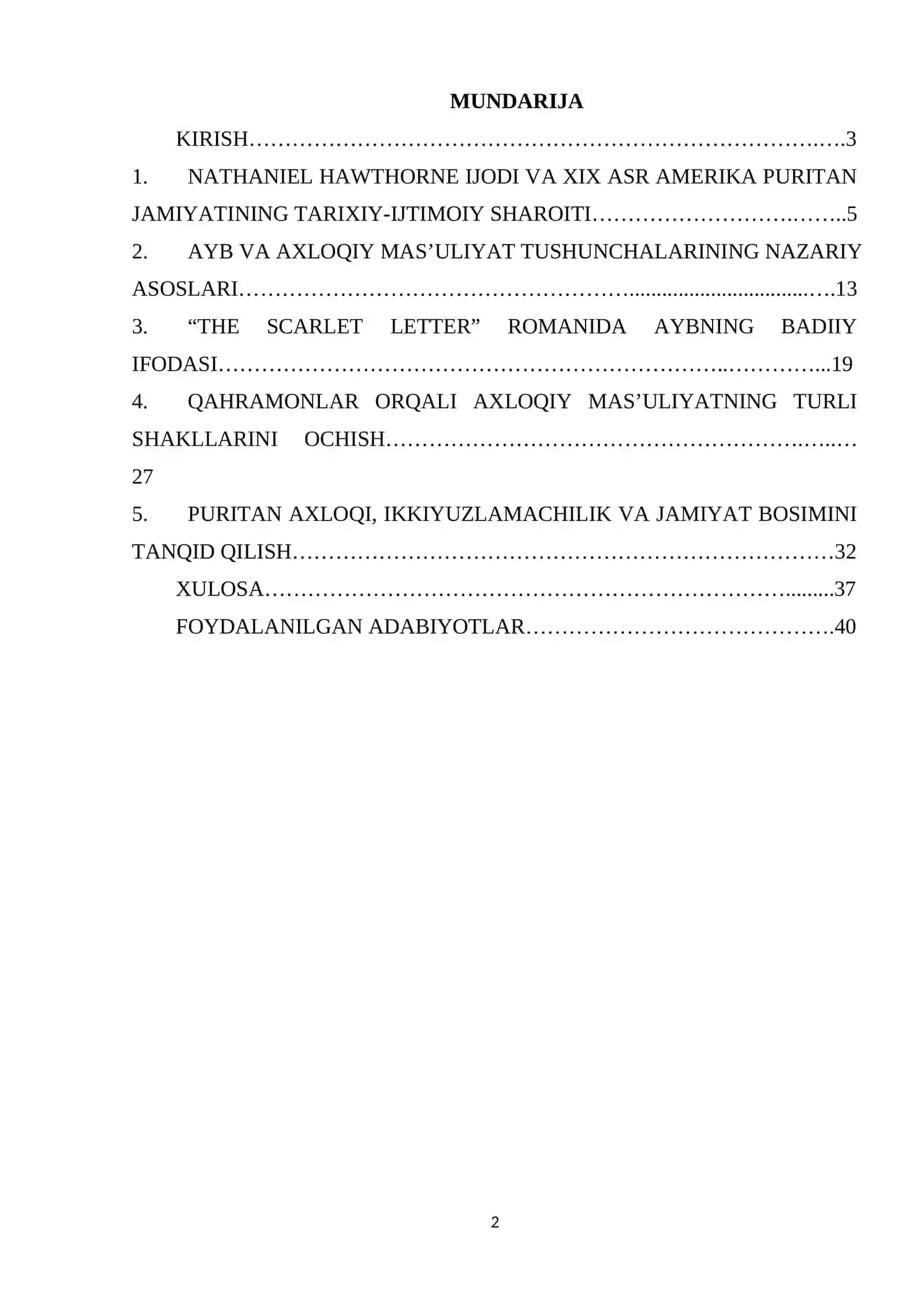 NATANIEL HOTORNNING “THE SCARLET LETTER” ROMANIDA AYB VA AXLOQIY MAS’ULIYAT MUAMMOSI mavzusidagi KURS ISHI 2