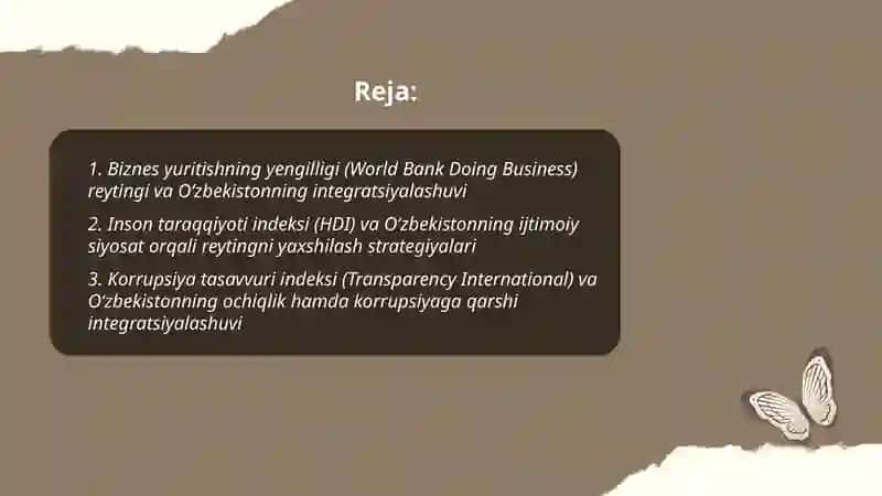Iqtisodiy va ijtimoiy sohadagi ustuvor xalqaro reytinglar va ularga Oʻzbekistonning integratsiyalashuvi 2