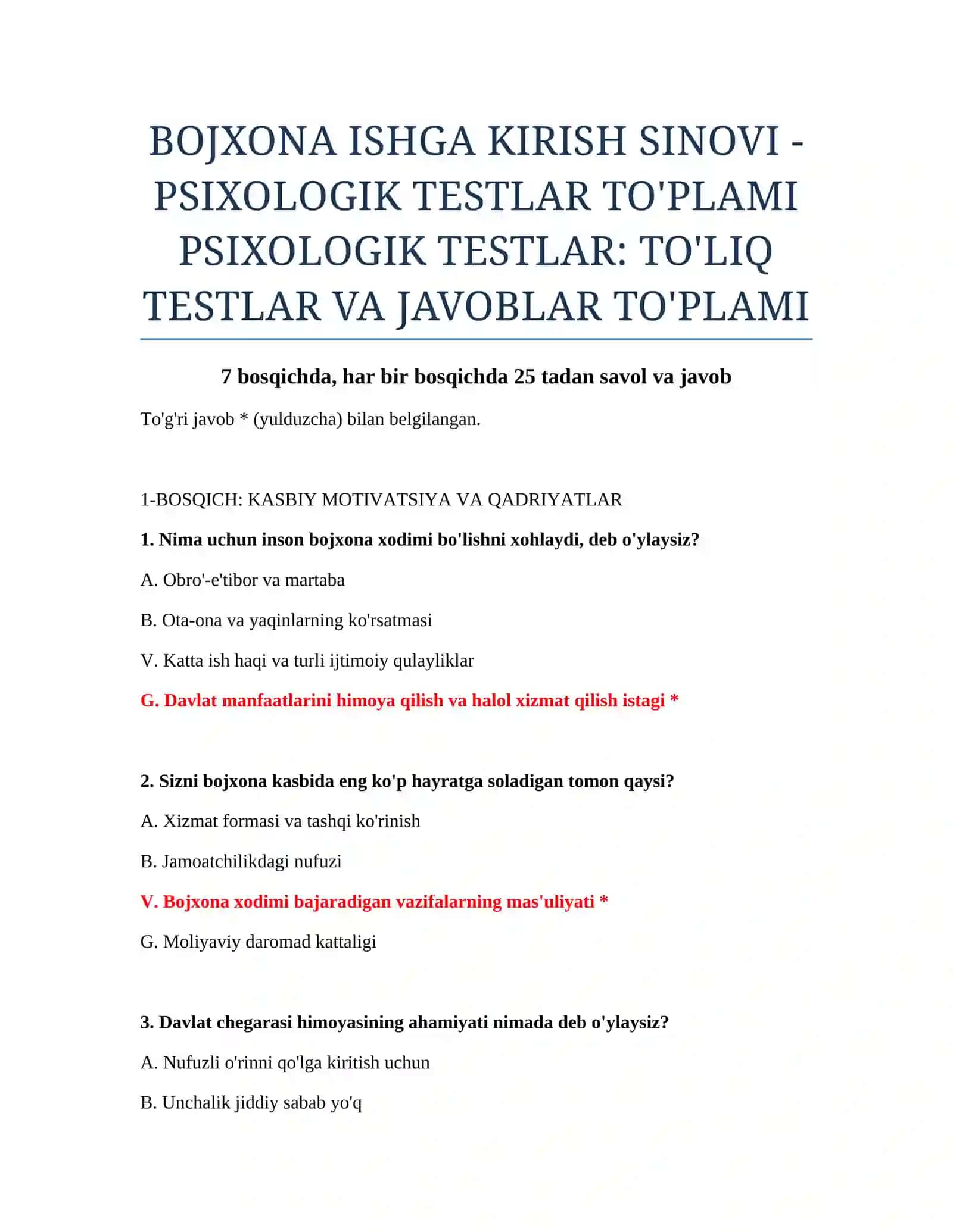 BOJXONA ISHGA KIRISH SINOVI - PSIXOLOGIK TESTLAR TO'PLAMI 2