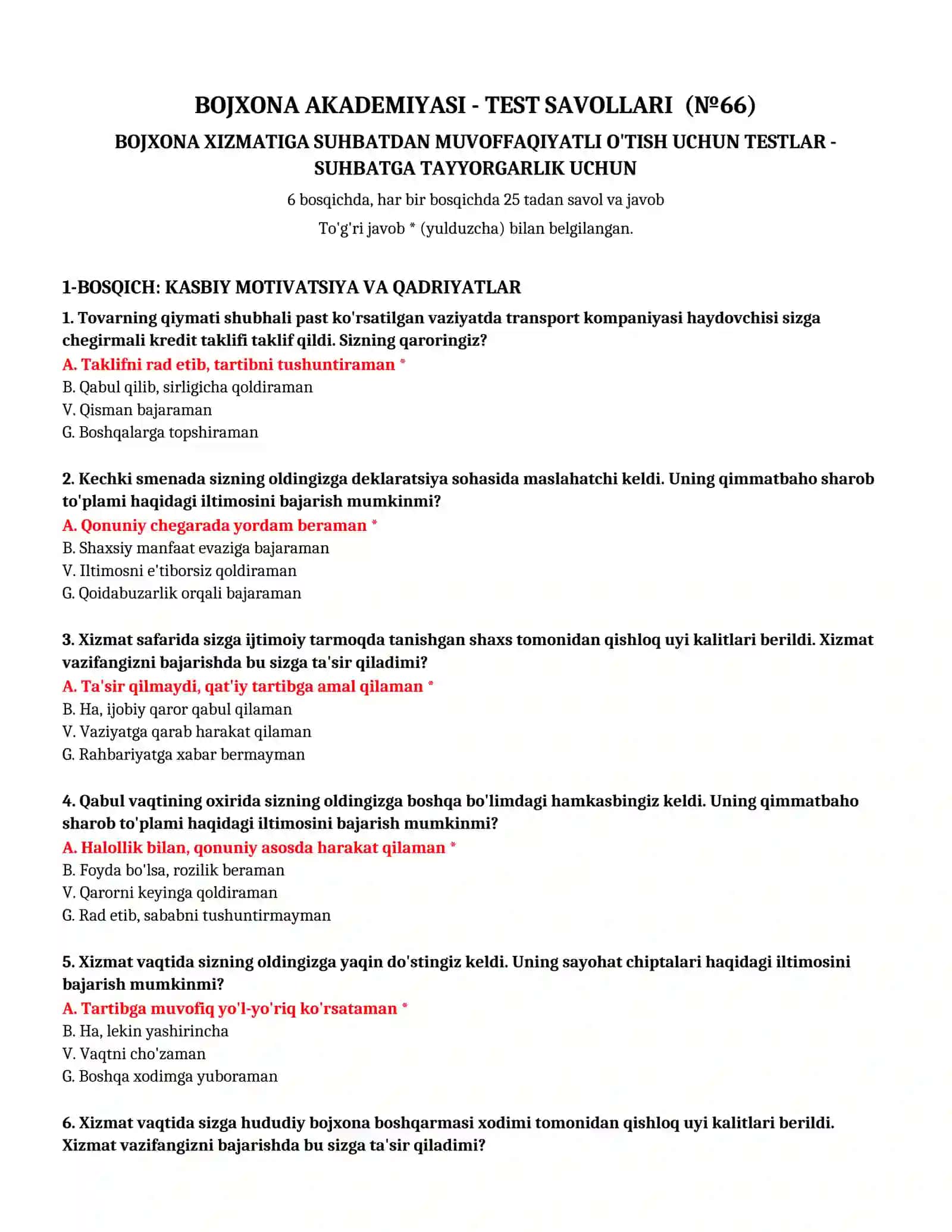 BOJXONA AKADEMIYASI - TEST SAVOLLARI (№ 66) 2