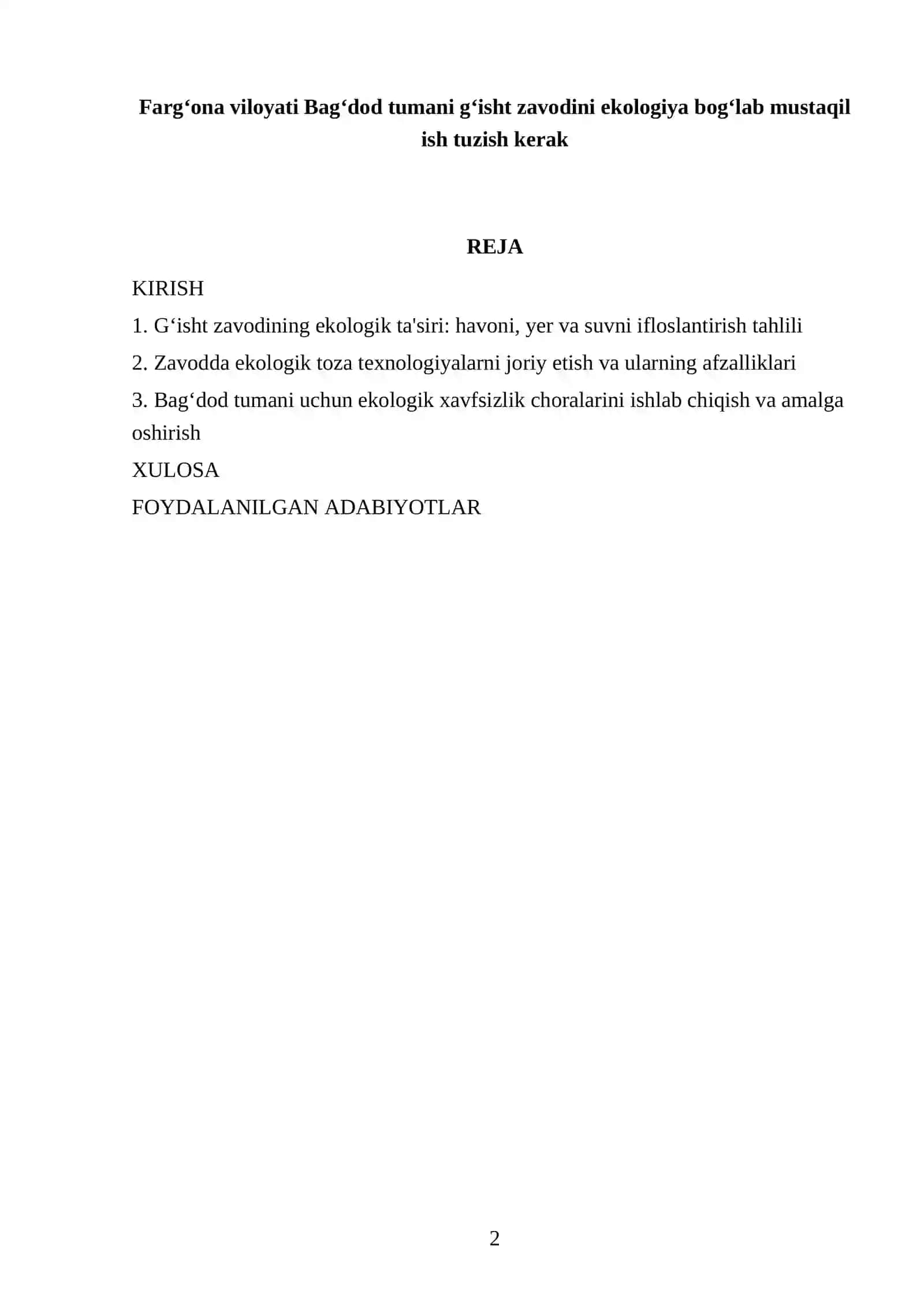 Fargʻona viloyati Bagʻdod tumani gʻisht zavodini ekologiya bogʻlab mustaqil ish tuzish kerak 2