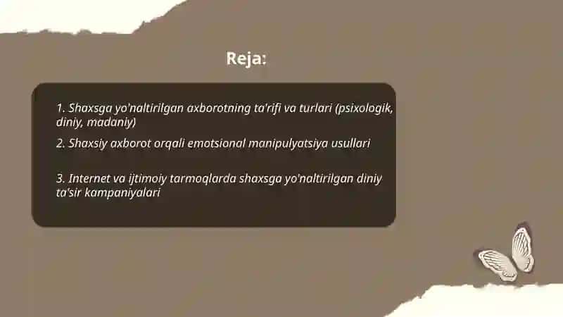 Shaxsga yo'naltirilgan axborot:Psixologik diniy va madaniy tahdidlar 2