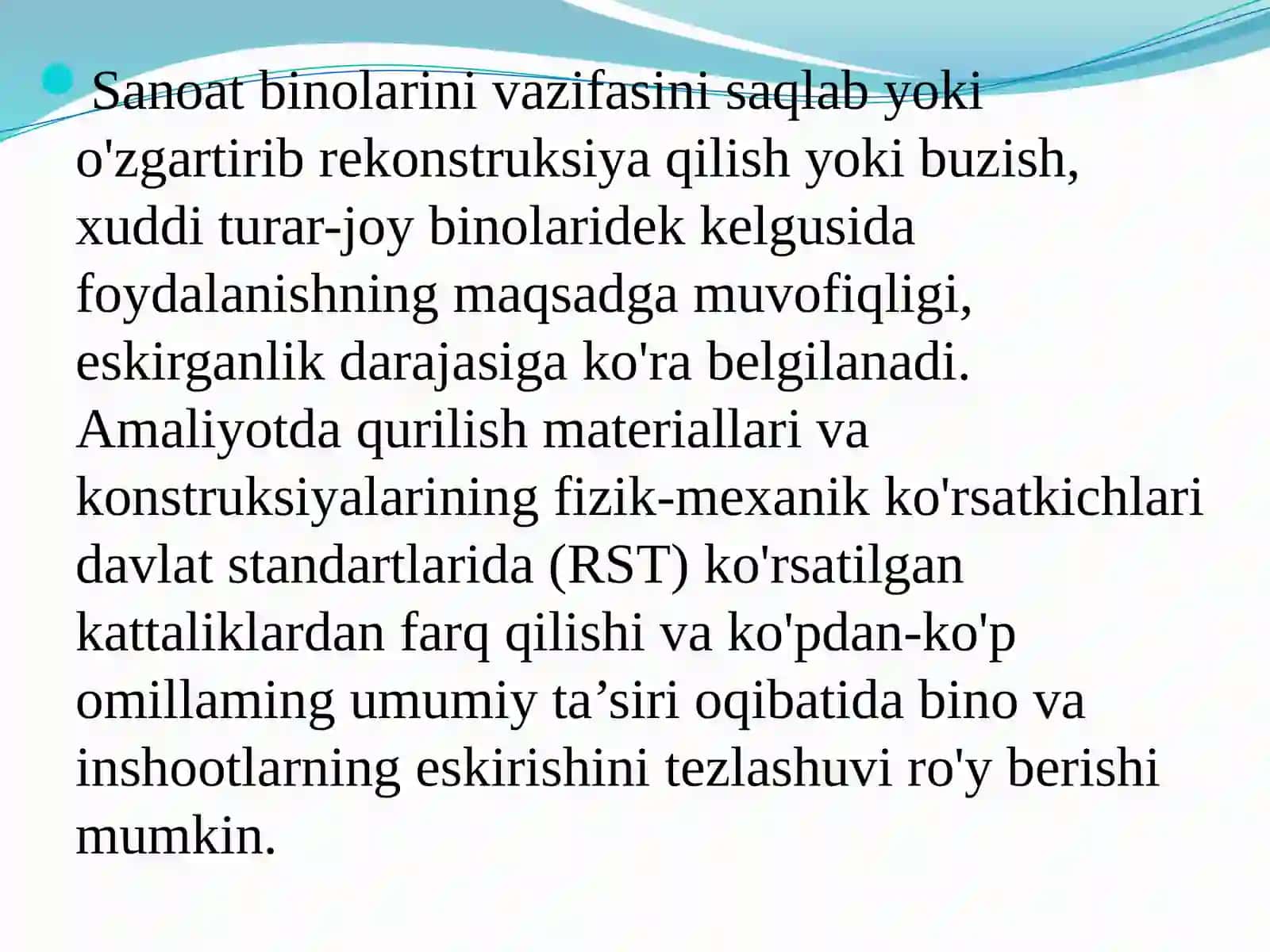 Arxitekturayechimlarining shakllanishiga ta’sir qiluvchi asosiy omillar. Sanoatbinolari va inshootlarini rekonstruktsiyasining o’ziga xosligi. Bino va inshootlarni tekshirish ishlari 2