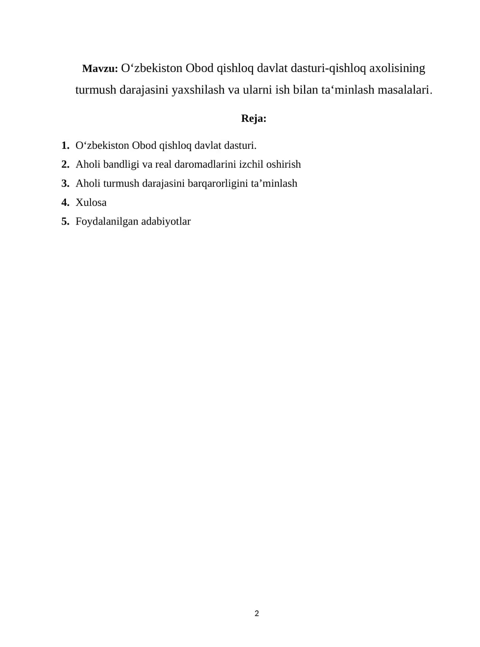 O‘zbekiston Obod qishloq davlat dasturi-qishloq axolisining turmush darajasini yaxshilash va ularni ish bilan ta‘minlash masalalari 2
