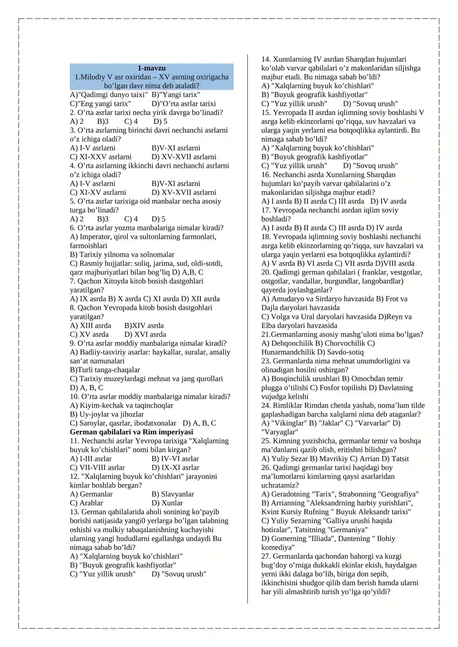7-Sinf jahon tarixidan mavzulashgan testlar 1470 ta 2