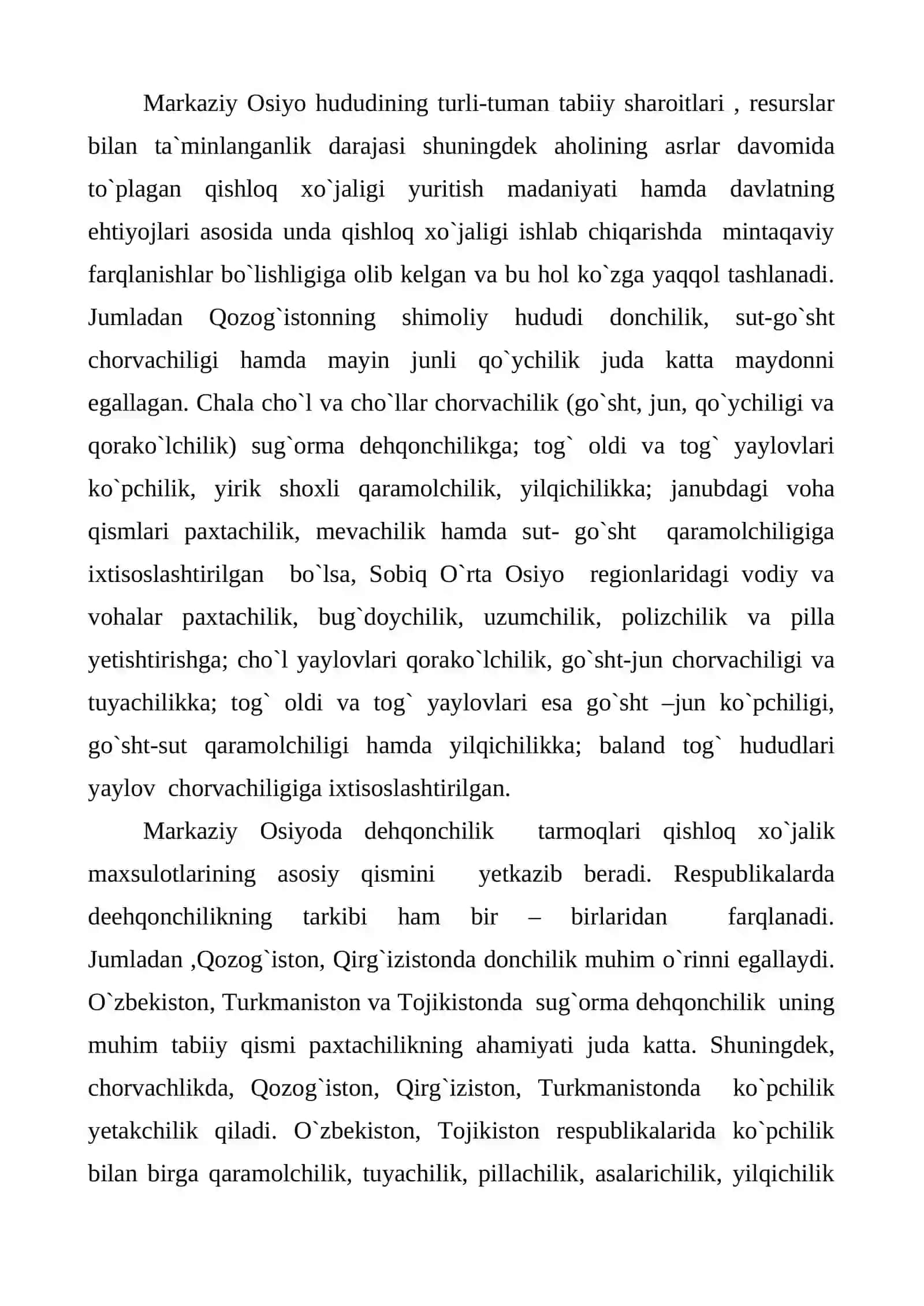 Qishloq xo`jaligi Markaziy Osiyo davlatlari 2