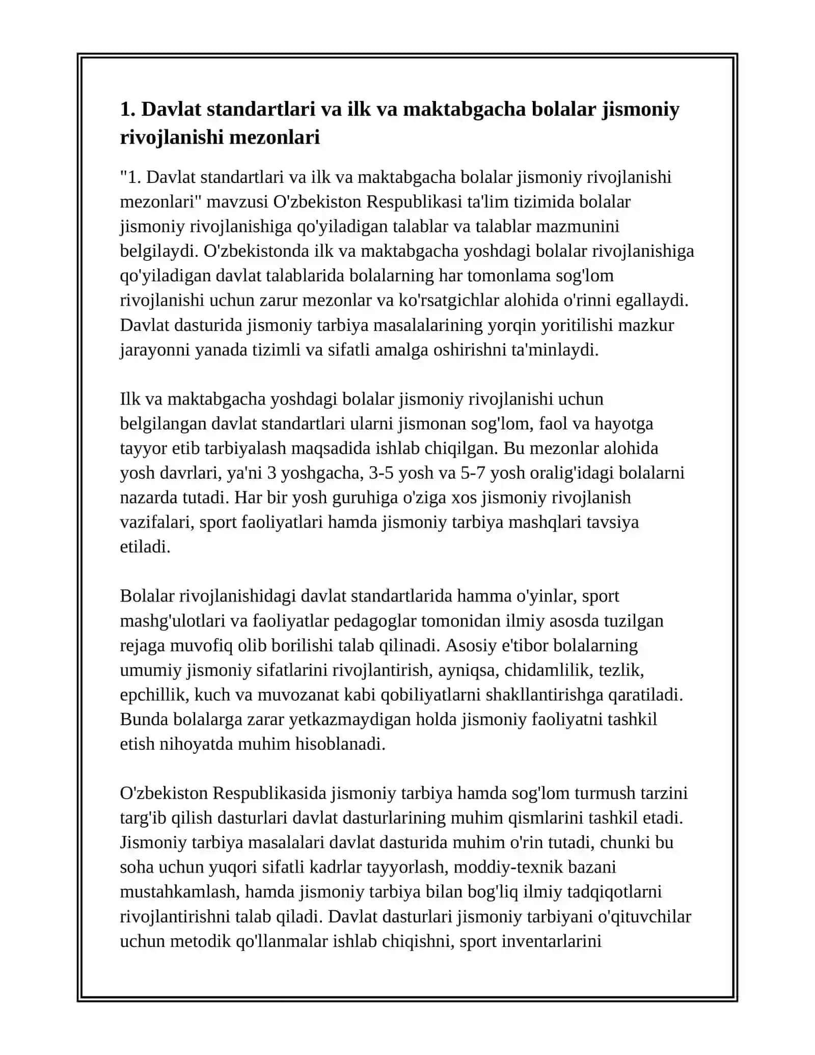 ILK VA MAKTABGACHA BOLALAR RIVOJLANISHIGA QO'YILADIGAN DAVLAT TALABLARI VA DAVLAT DASTURIDA JISMONIY TARBIYA MASALALARINING YORITILISHI 2
