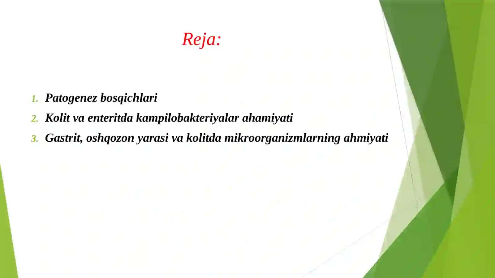 GASTRIT OSHQOZON-ICHAK YARASI VA KOLIT KELIB CHIQISHIDA MIKROORGANIZMLARNING AHAMIYATI, PATOGENEZI, LABORATORIYA TASHHISI. KAMPILOBAKTERIYALAR, HELIKOBAKTERIYALAR VA ULARNING AMALIYOTIDAGI AHAMIYATI. 2