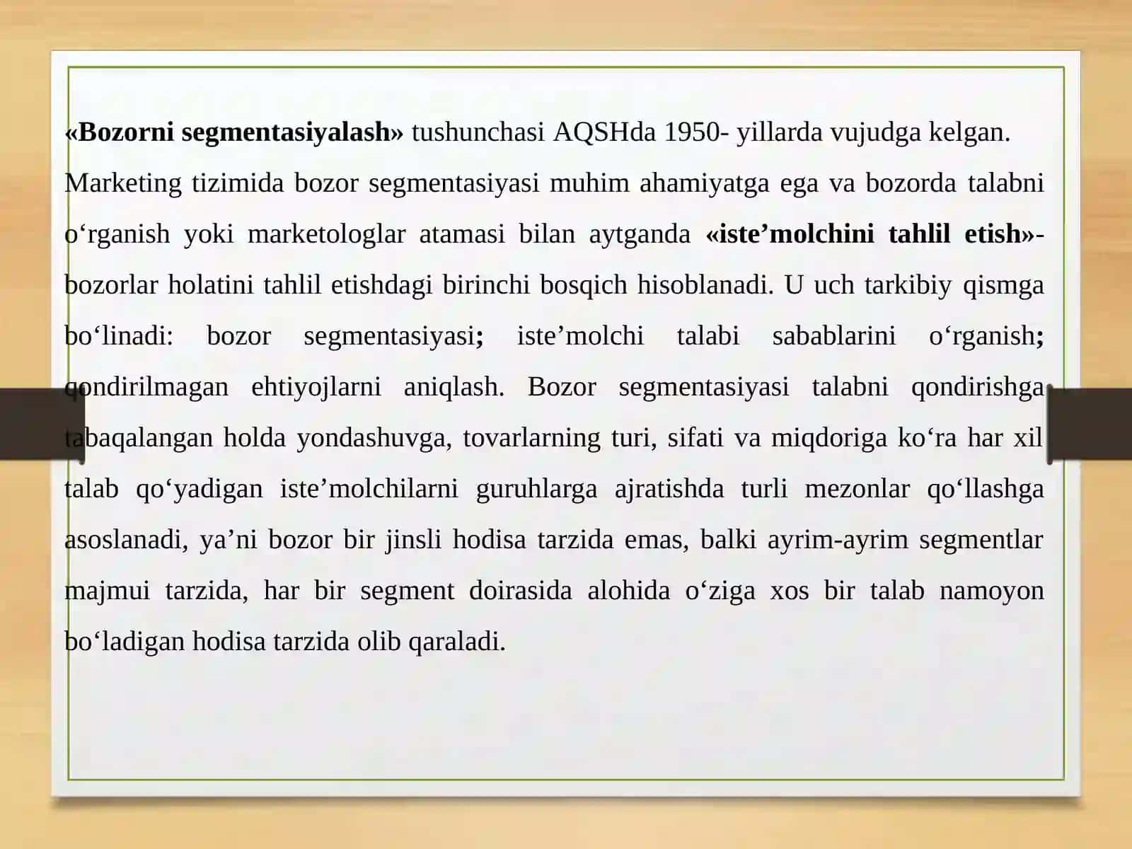 Bozor segmentatsiyasi va tovarni bozordapositsiyalashtirish 2