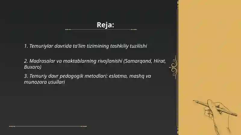 Temuriylar davrida (2-Renessans) talim tarbiya va pedagogik gʻoyalar taraqqiyoti 2