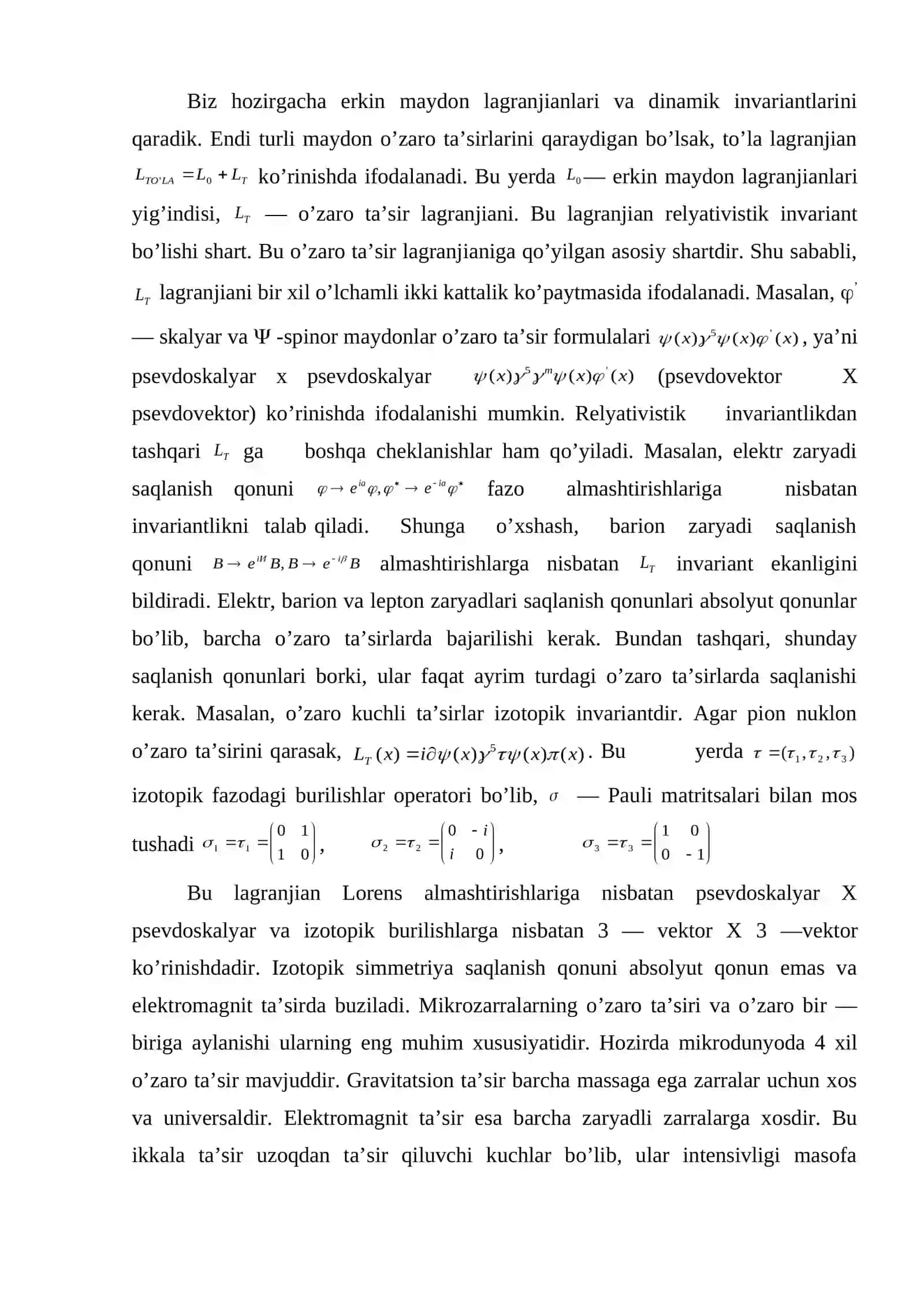 O’zaro ta’sir lagranjiani va uning simmetriyasi 2