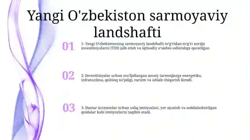 Yangi OʻZbekistonning 2023 Yilga MoʻLjallangan Invistitsiya Dasturi, YoʻNalishlari 2