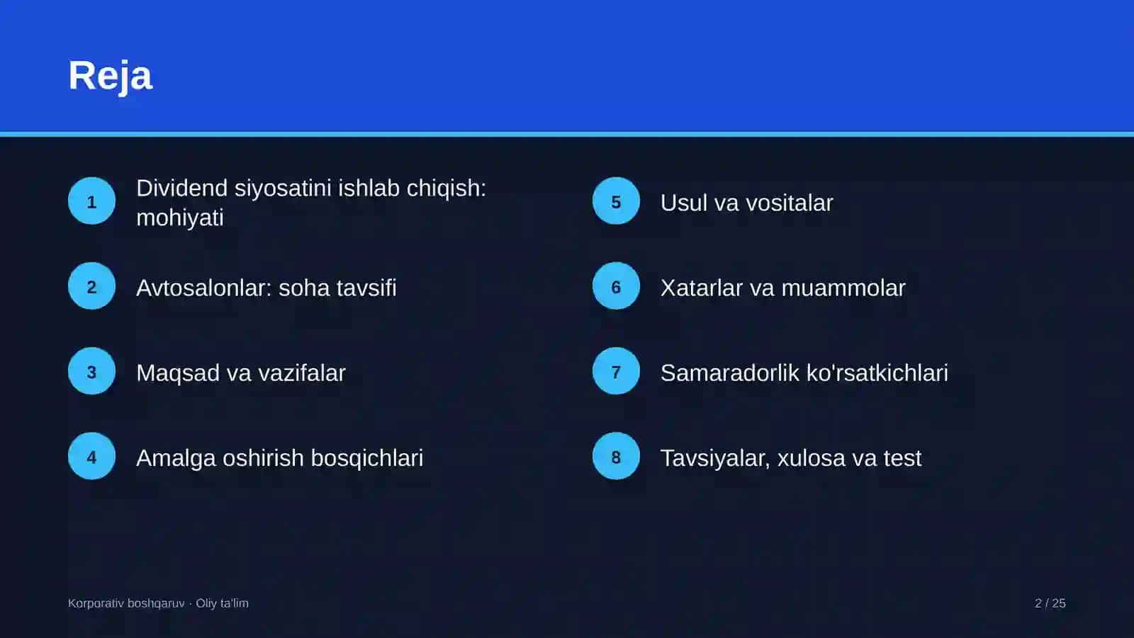 Avtosalonlarda dividend siyosatini ishlab chiqish 2