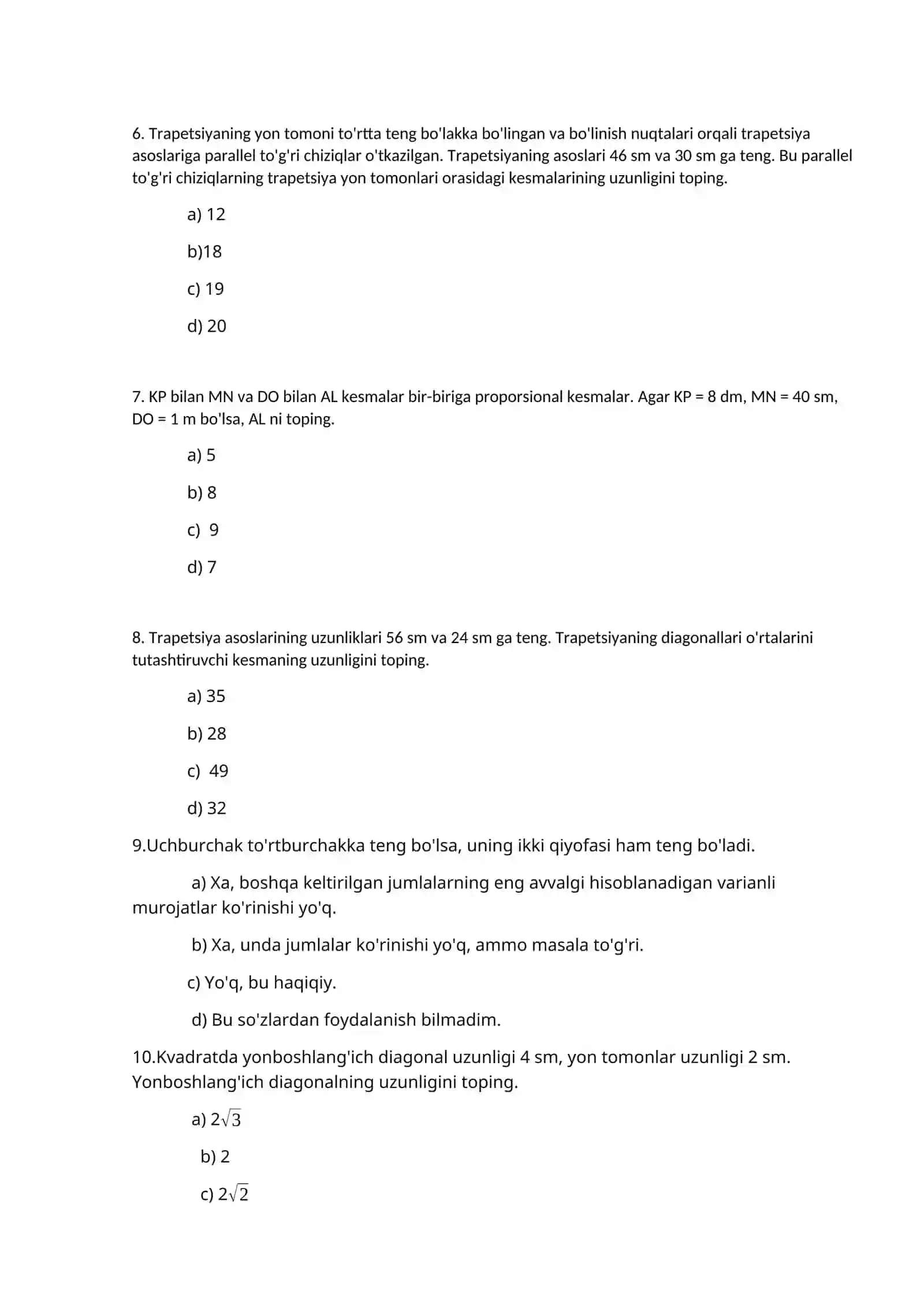 Matematika savollari va javoblari 2