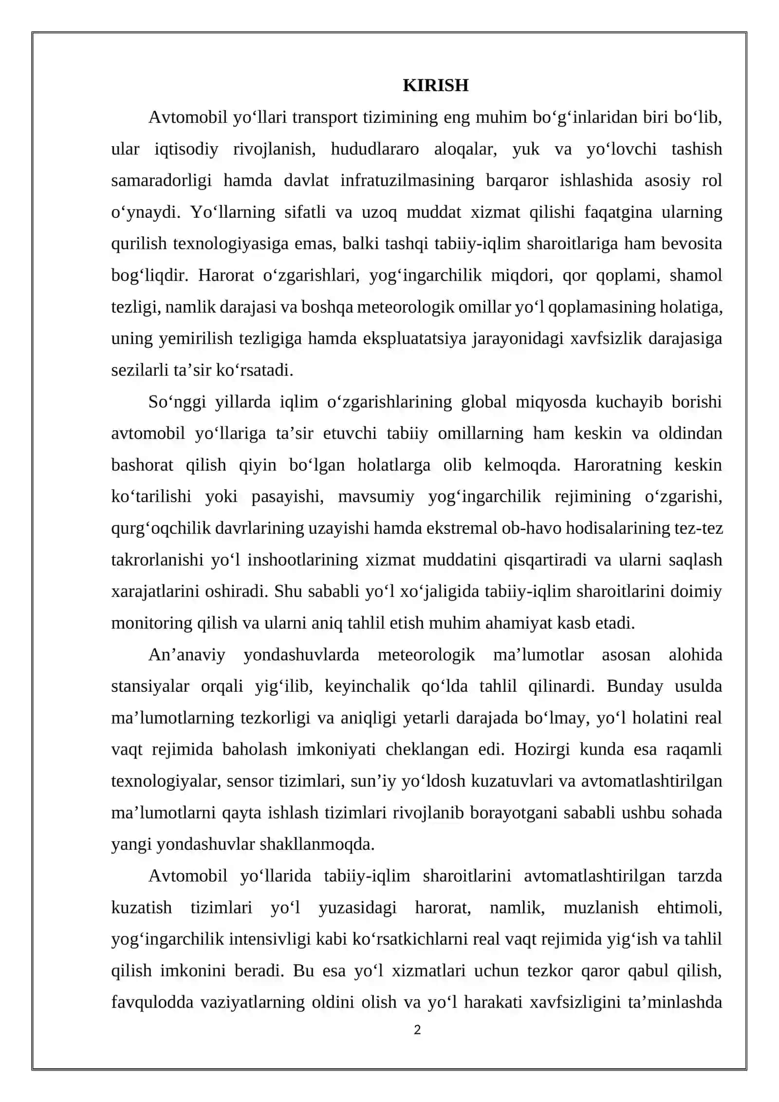 AVTOMOBIL YÕLLARIDA TABIIY IQLIM SHAROITI HAQIDA MA'LUMOTLARNI AVTOMATLASHTIRISH 2