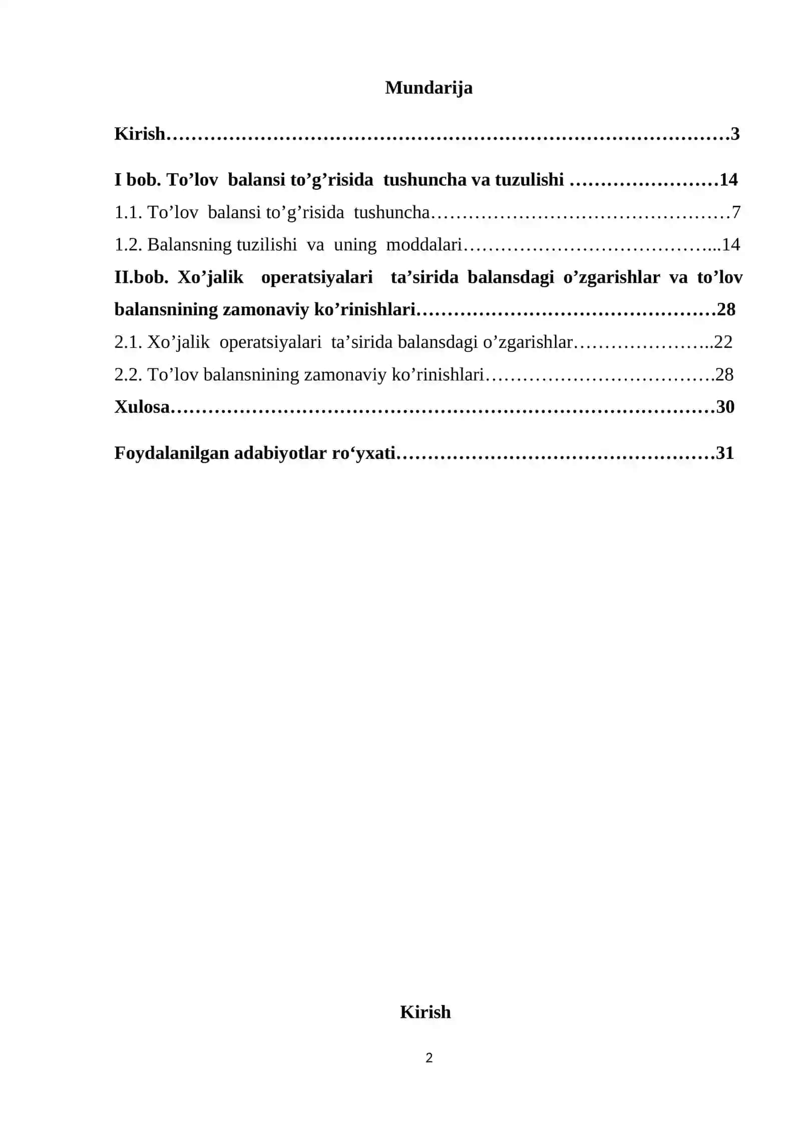 O'ZBEKISTON RESPUBLIKASI TO'LOV BALANSI 2