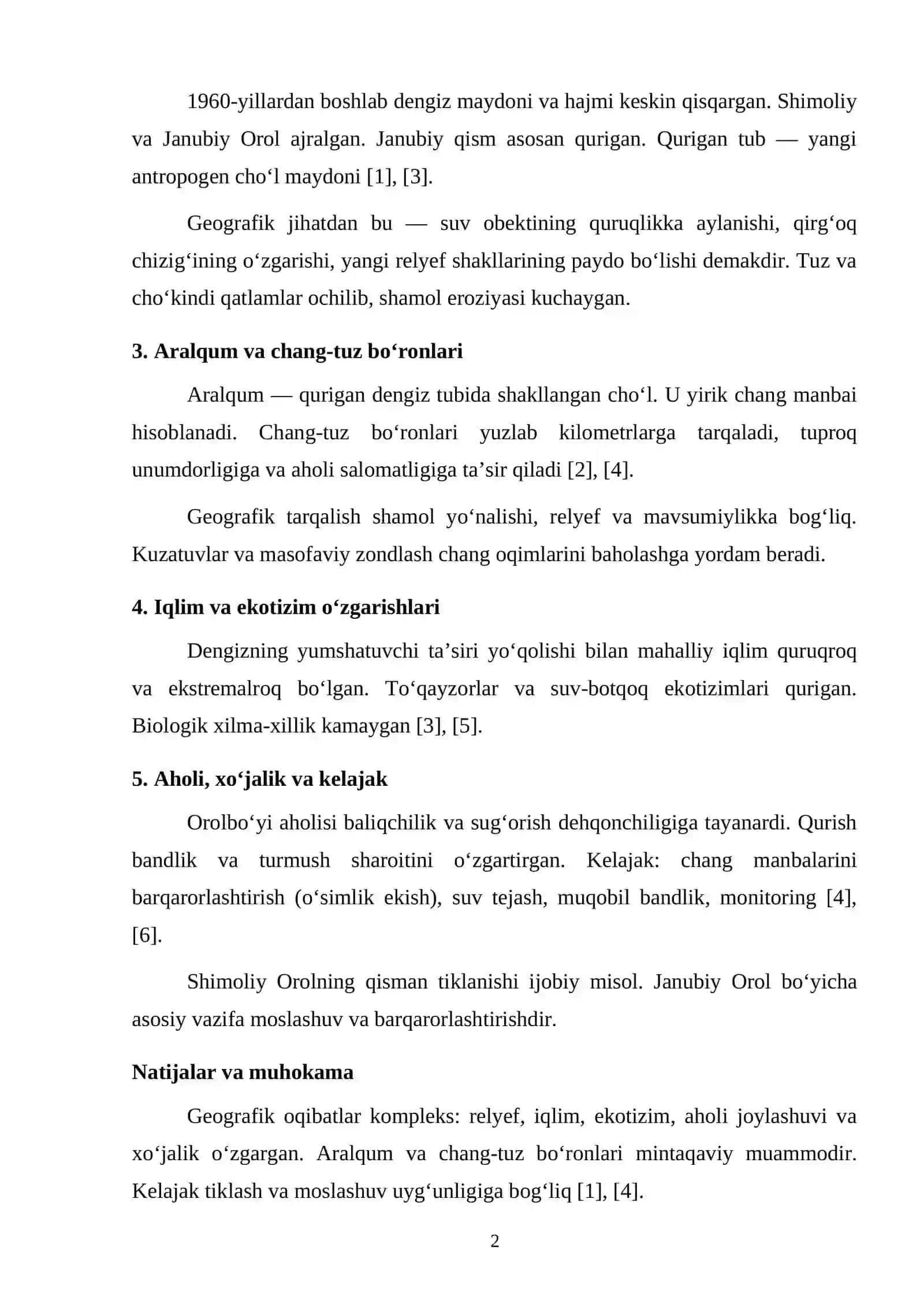OROL DENGIZI EKOLOGIK MUAMMOSINING GEOGRAFIK OQIBATLARI VA OROLBO‘YI HUDUDINING KELAJAGI 2
