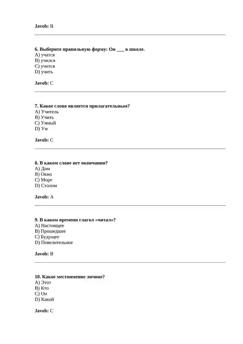 Rus tili fanidan 50 ta test savoli grammatika 2