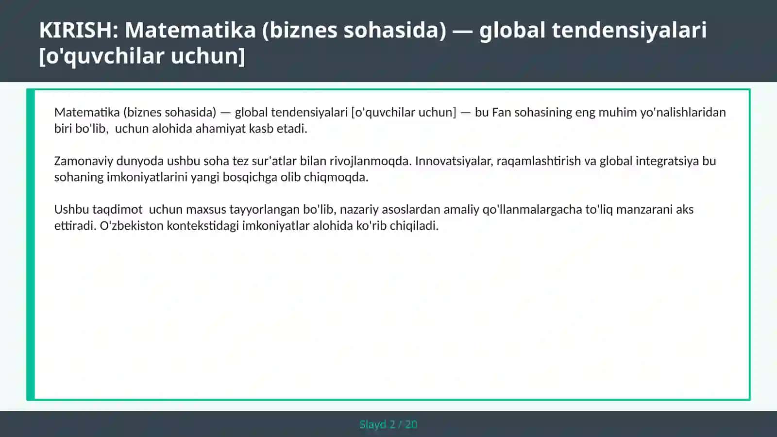 Matematika (biznes sohasida) — global tendensiyalari [O'QUVCHILAR UCHUN] 2