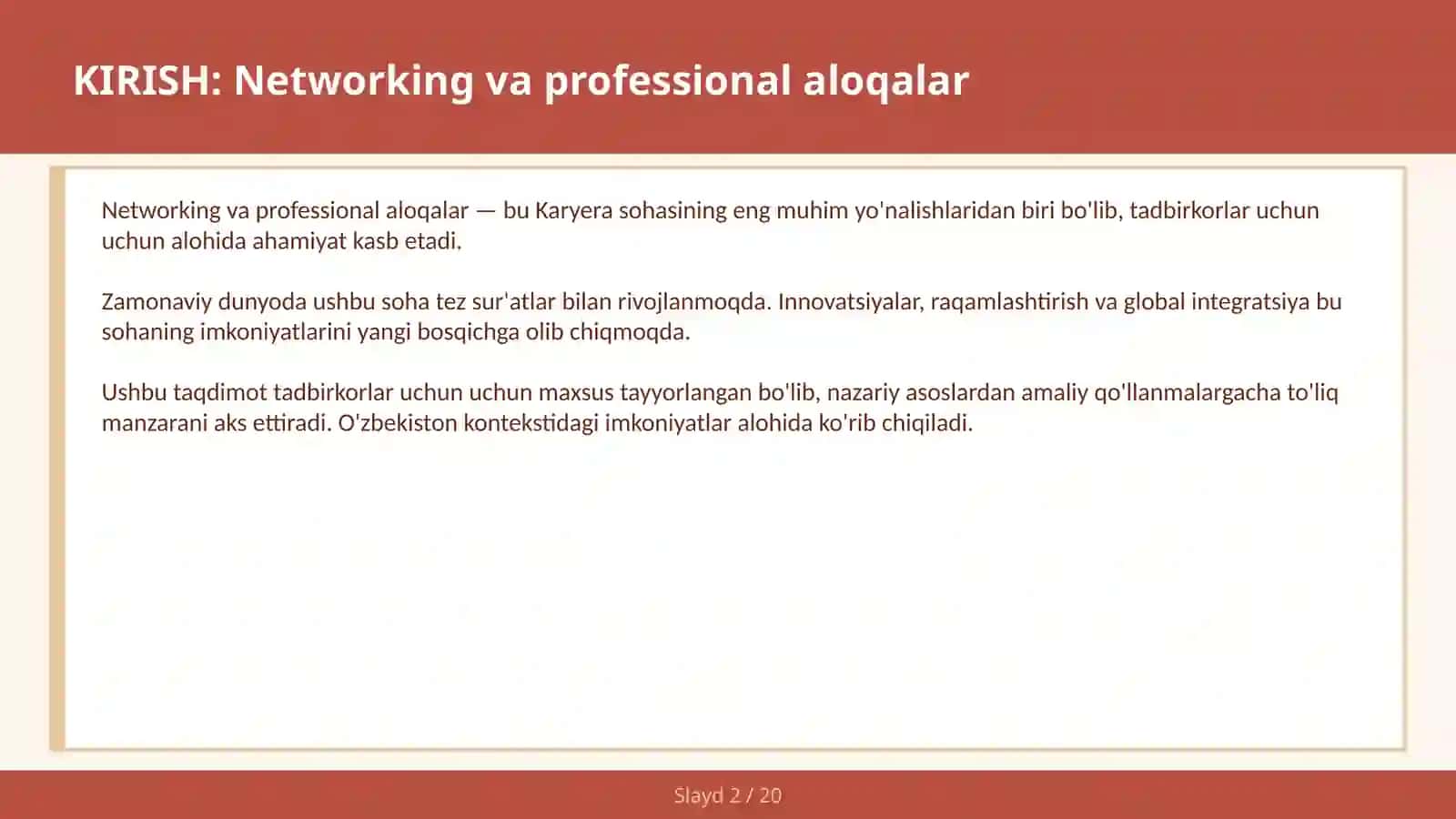 NETWORKING VA PROFESSIONAL ALOQALAR 2