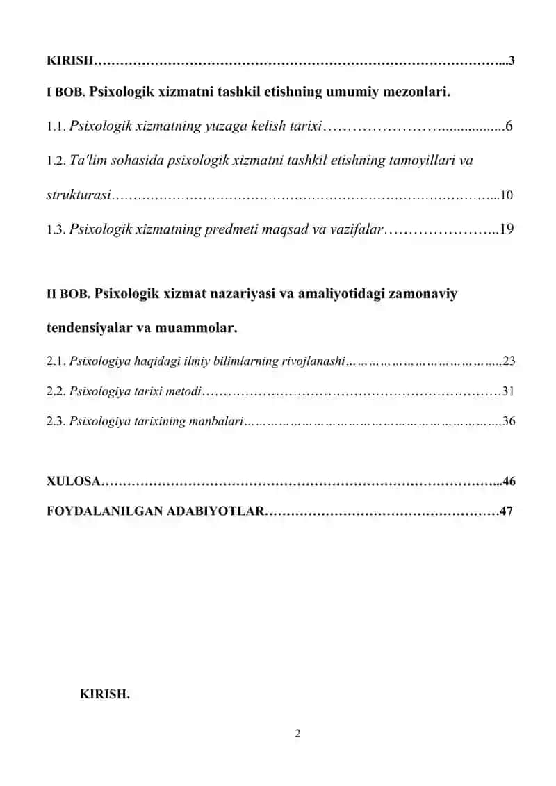 Psixologik xizmat fani rivojlanishining ilmiy-tarixiy asoslari mavzusidagi kurs ishi 2