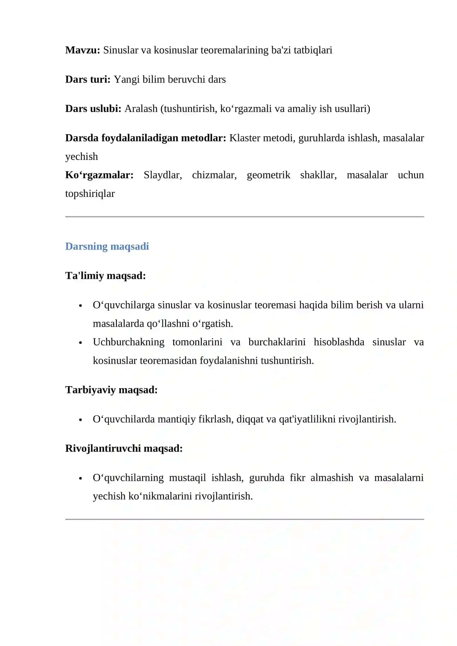 Sinuslar va kosinuslar teoremalarining ba'zi tatbiqlari 2
