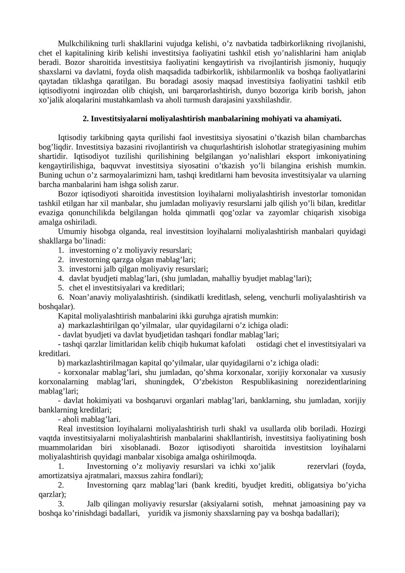 Investitsiya faoliyatini moliyalashtirish manbalari va usullari 2