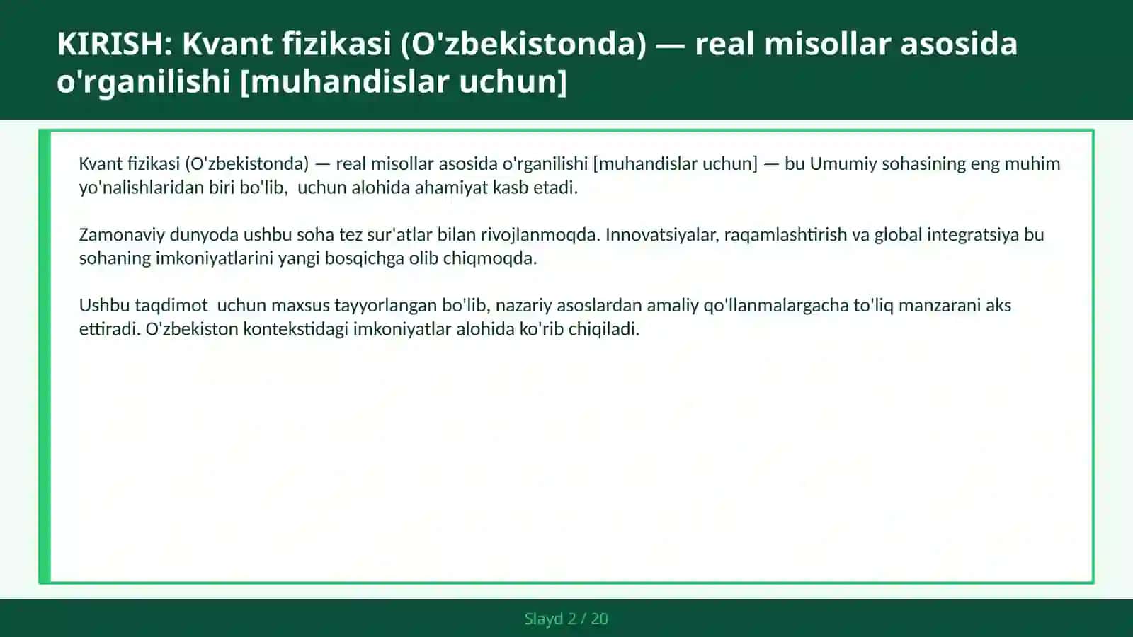 Kvant fizikasi (O'zbekistonda) — real misollar asosida o'rganilishi [muhandislar uchun] 2