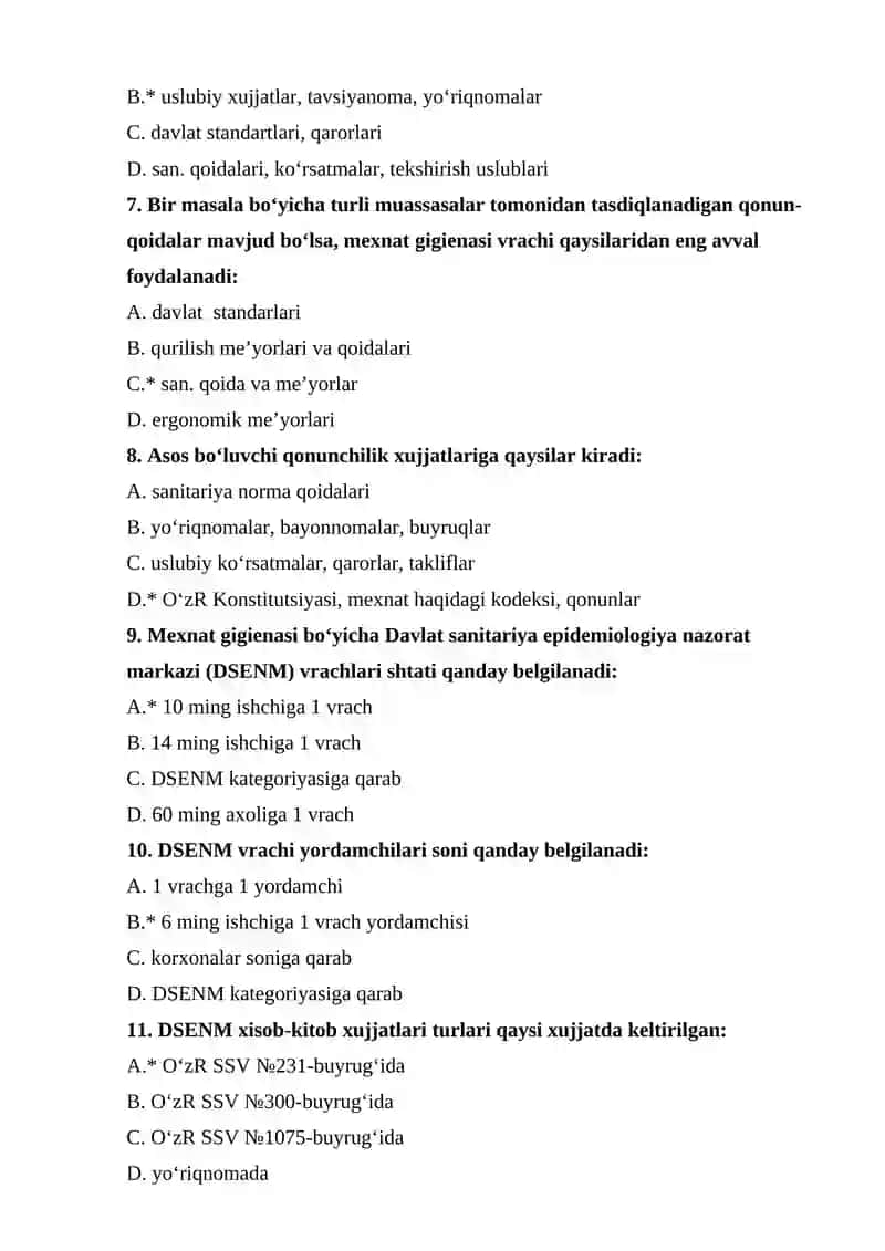 Mehnat gigienasi fanidan test savollari, javoblari bilan 2