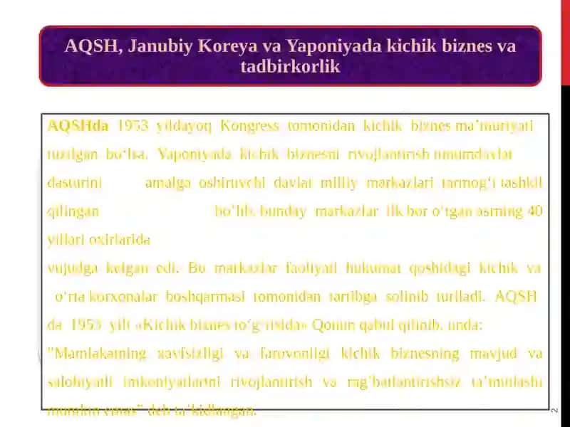 Rivojlangan  mamlakatlar biznesining  o’ziga xos tomonlari va ulardan mamlakatimiz biznes va tadbirkorligini rivojlantirishda oqilona foydalanish. 2