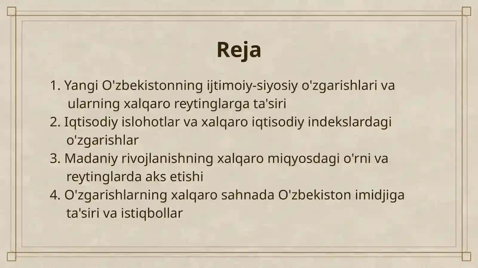 YANGI OʻZBEKISTON IJTIMOIY-SIYOSIY, IQTISODIY VA MADANIY HAYOTIDA ROʻY BERAYOTGAN OʻZGARISHLARNING XALQARO REYTING VA INDEKSLARDA AKS ETISHI 2