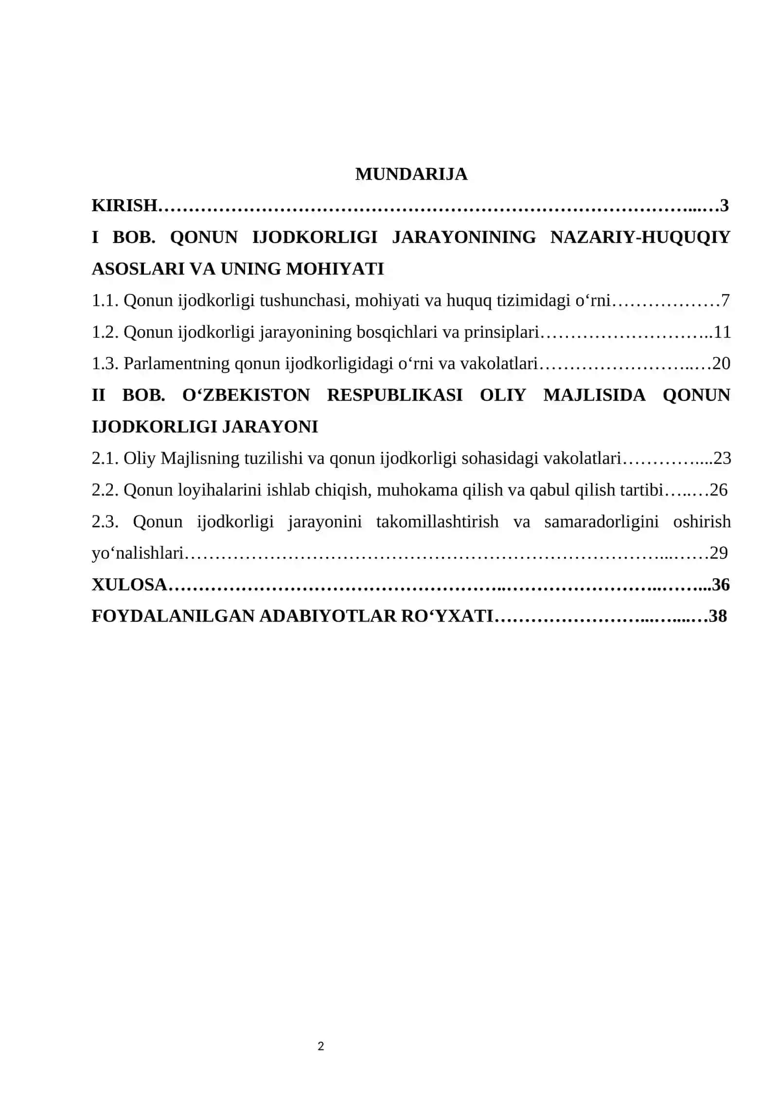 Oliy Majlis qonun ijodkorligi jarayoni kurs ishi 2