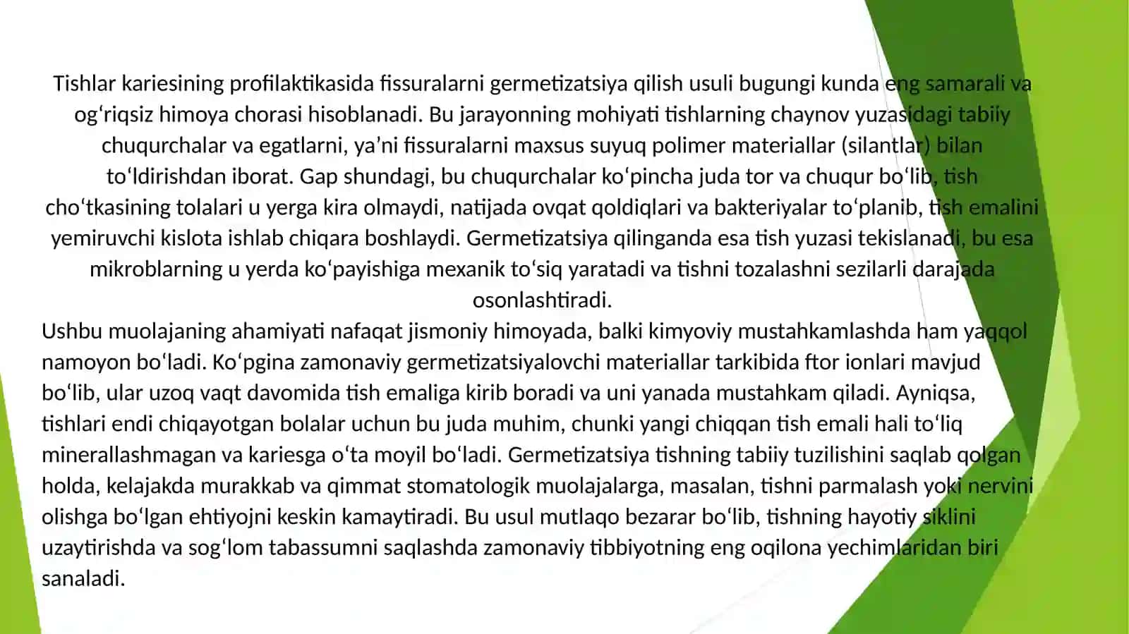 Karies profilaktikasida moylar tishlar germetizatsiyasining ahamiyati (prezintatsiya/taqdimot/slayd/mustaqil ish) 2