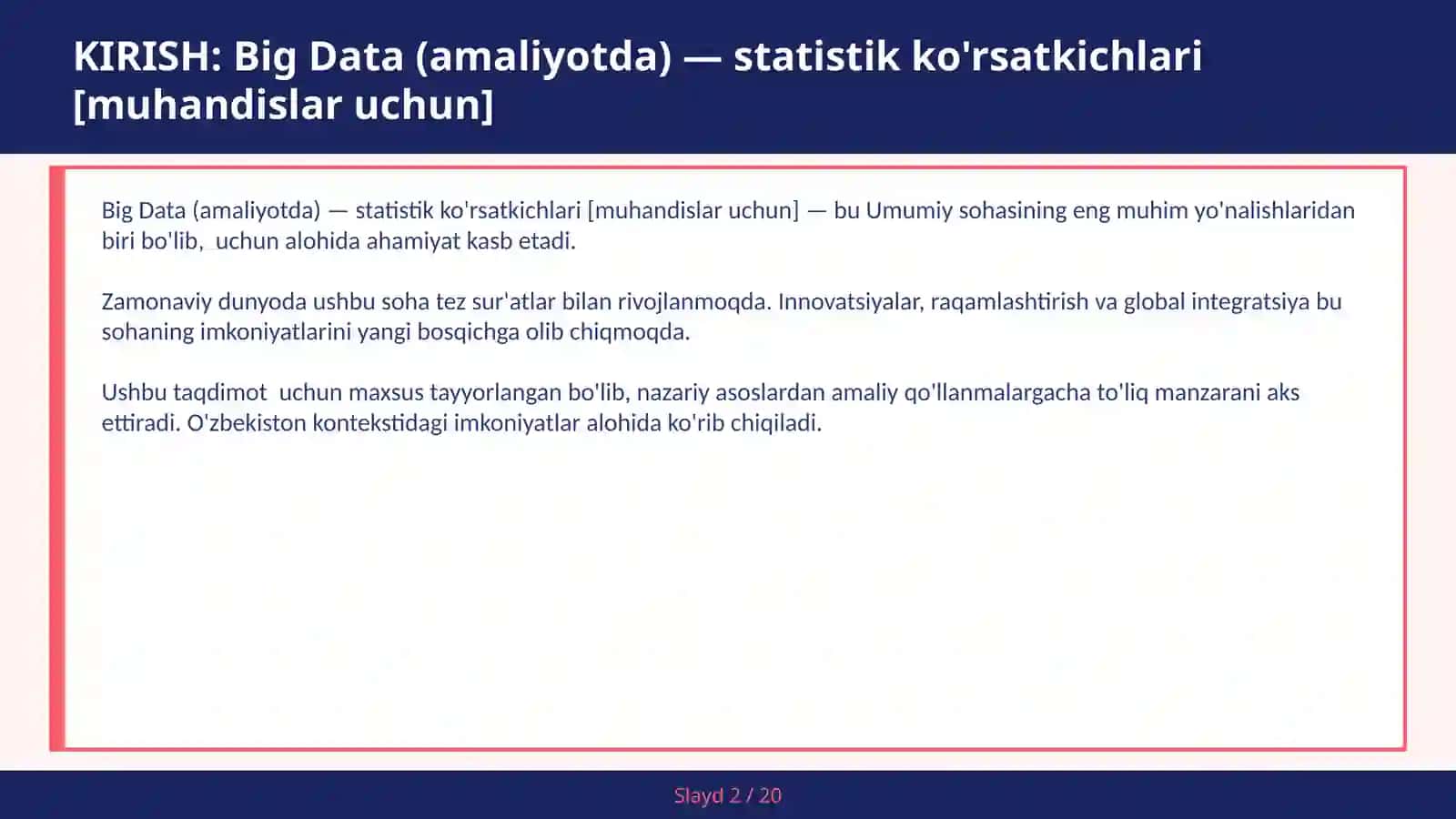 BIG DATA (AMALIYOTDA) — STATISTIK KO'RSATKICHLARI [MUHANDISLAR UCHUN] 2