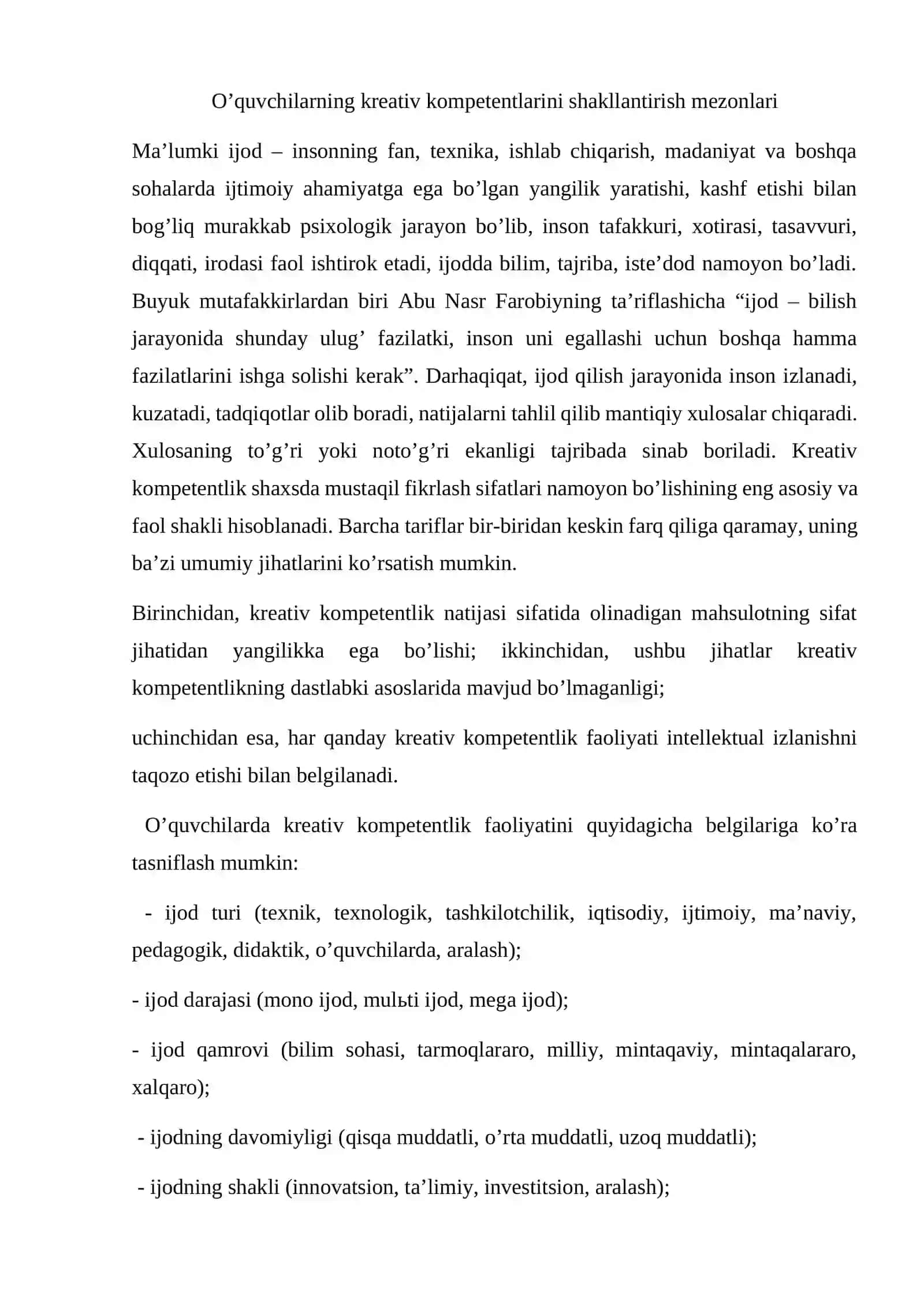 Kreativ kompetensiyaning mezonlari va darajalari 2