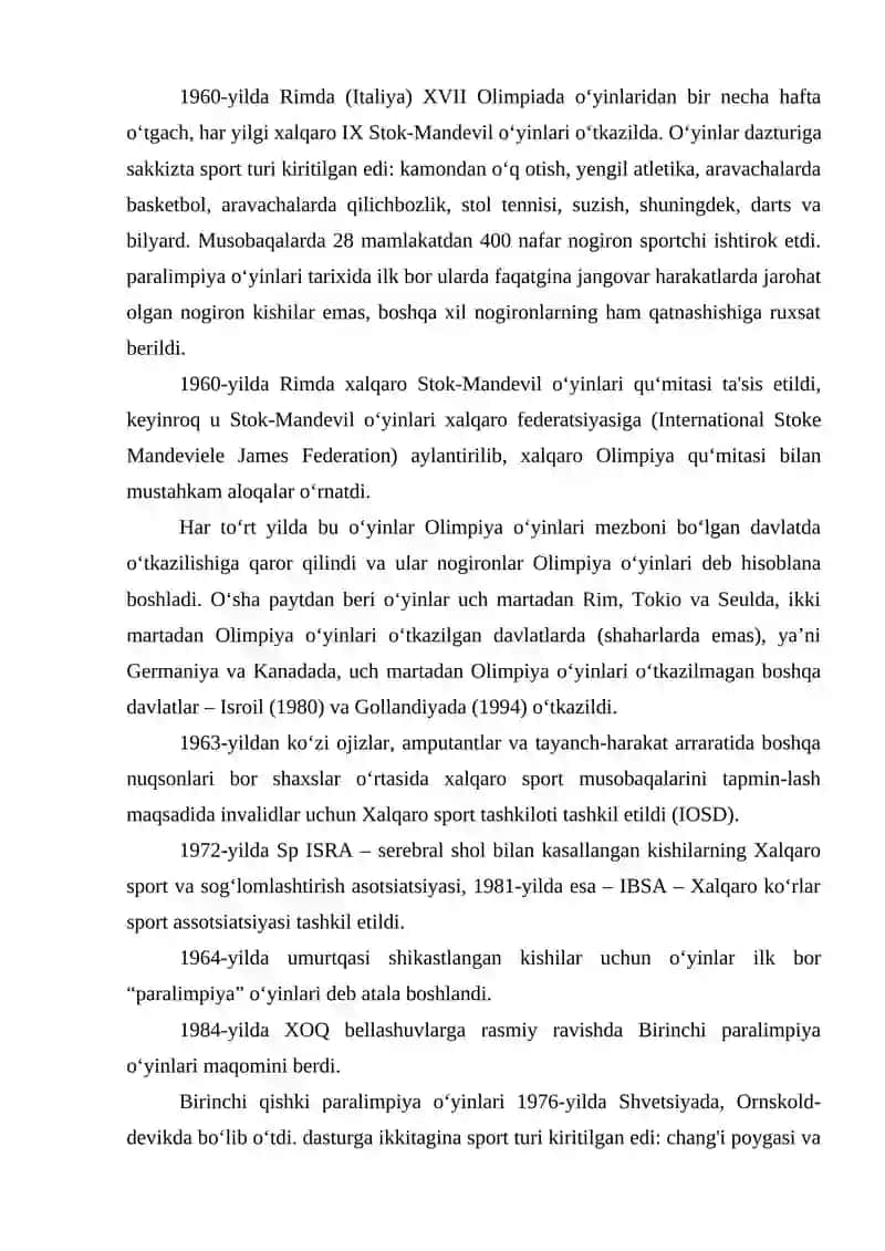 Adaptiv sportining rivojlanish tarixi. Papalimpiya, Surdolimpiya va maxsus olimpiya sport turlari. Paralimpiya, Surdolimpiya va Maxsus Olimpiya musobaqalari 2