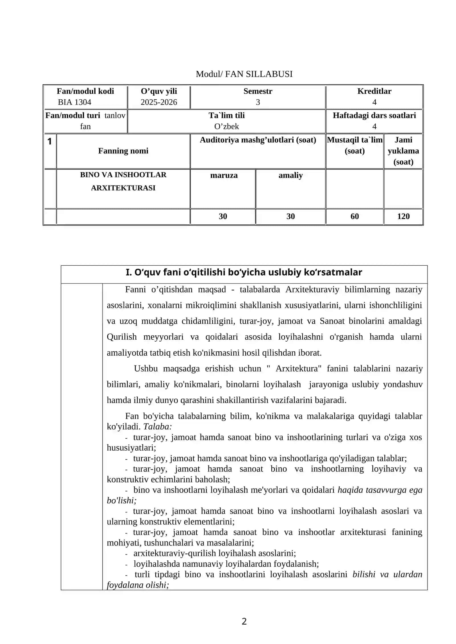 BINO VA INSHOOTLAR ARXITEKTURASI FANI BO‘YICHA O’QUV DASTURI 2
