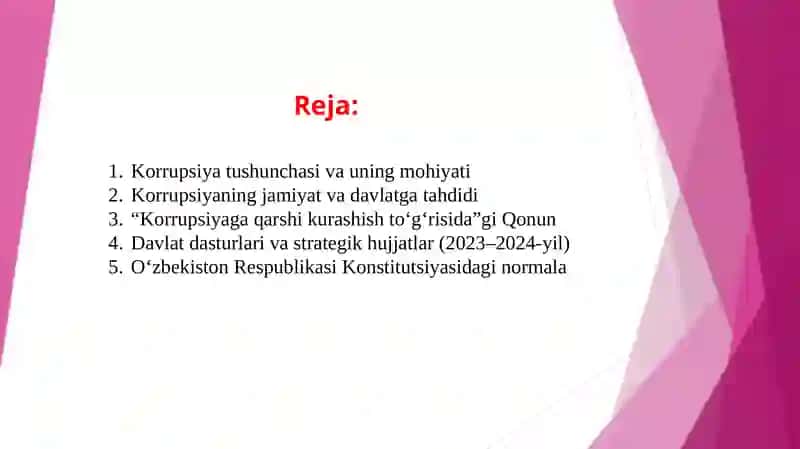Korrupsiyaga qarshi kurash borasida O’zbekiston Respublikasi davlat siyosatining asosiy yo’nalishlari (TAQDIMOT) 2