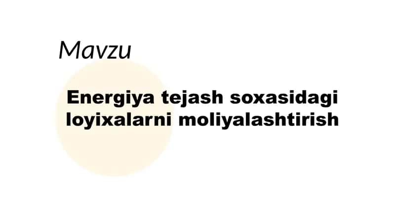 Energiya tejash soxasidagi loyixalarni moliyalashtirish 2