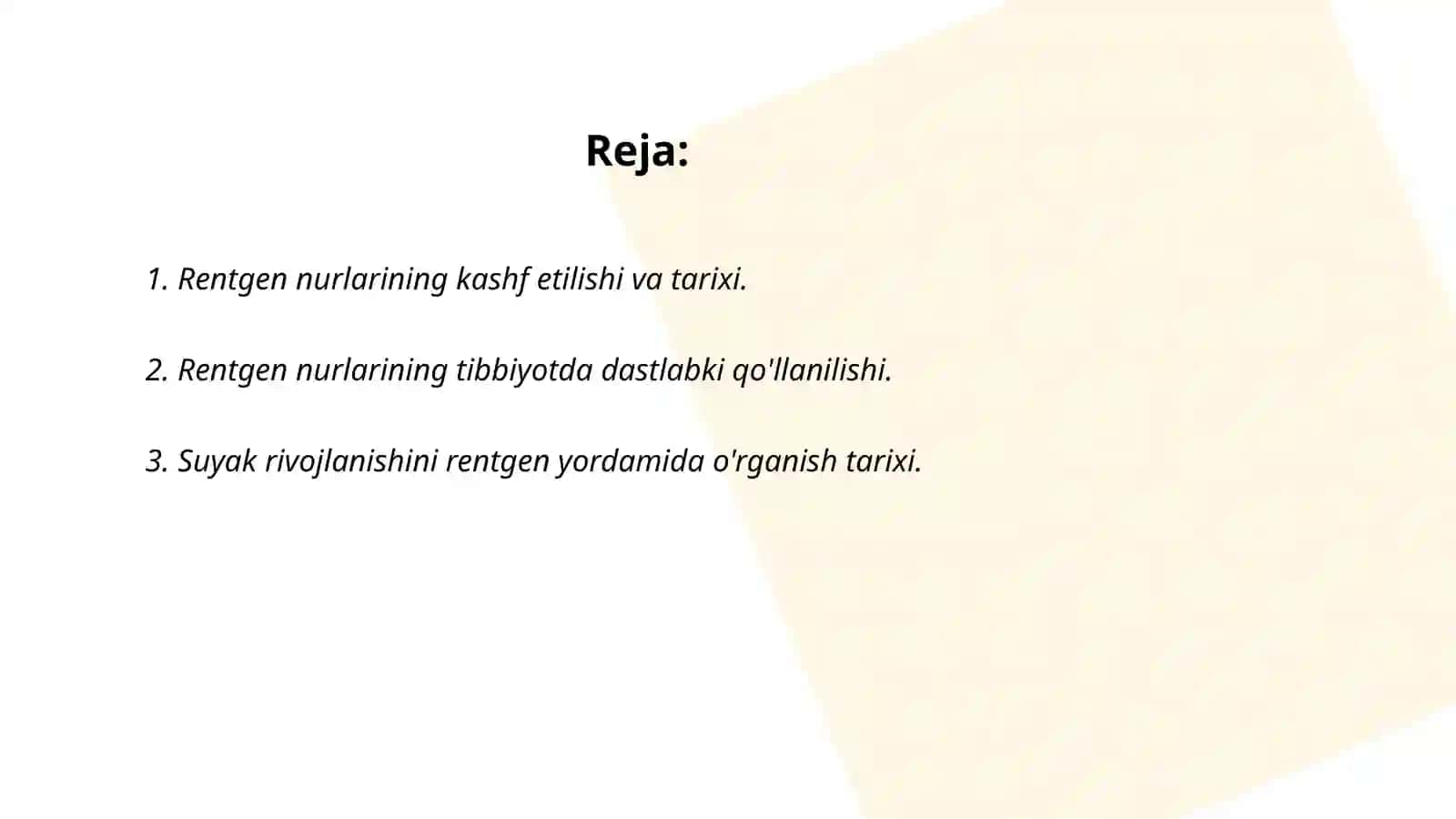 Rentgen nurlarini o'rganish tarixi, suyak va bo'g'imlar rivojlanishini rentgen nurlari yordamida o'rganish 2