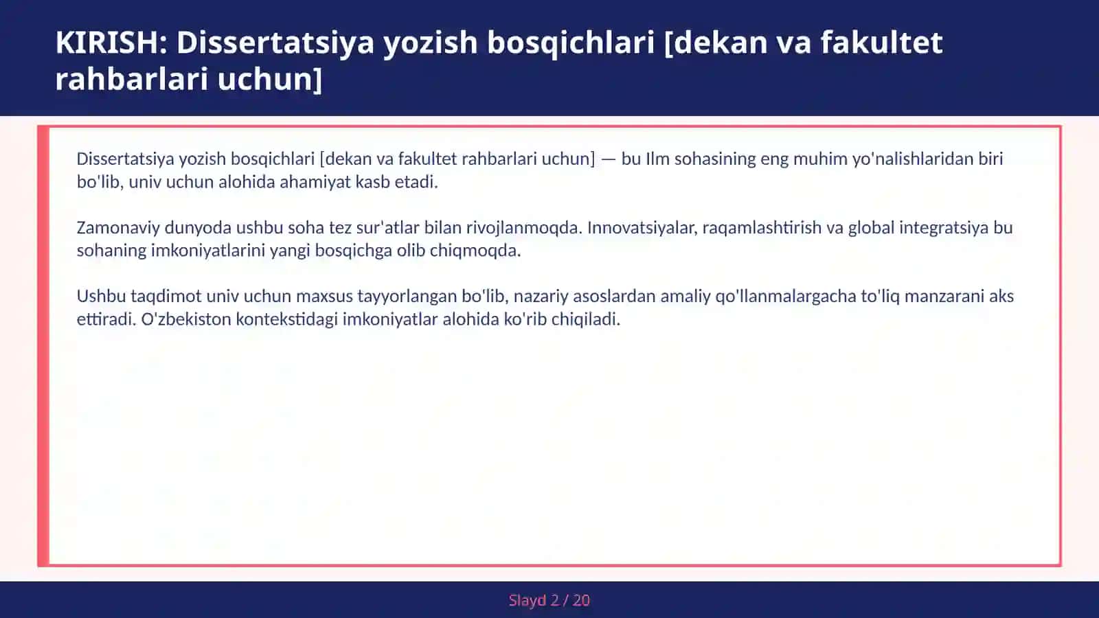 Dissertatsiya yozish bosqichlari [dekan va fakultet rahbarlari uchun] 2