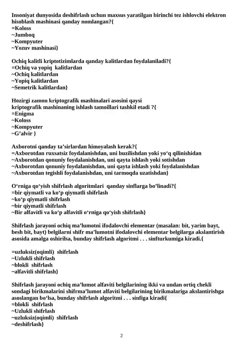 Kriptografiya testlar 2