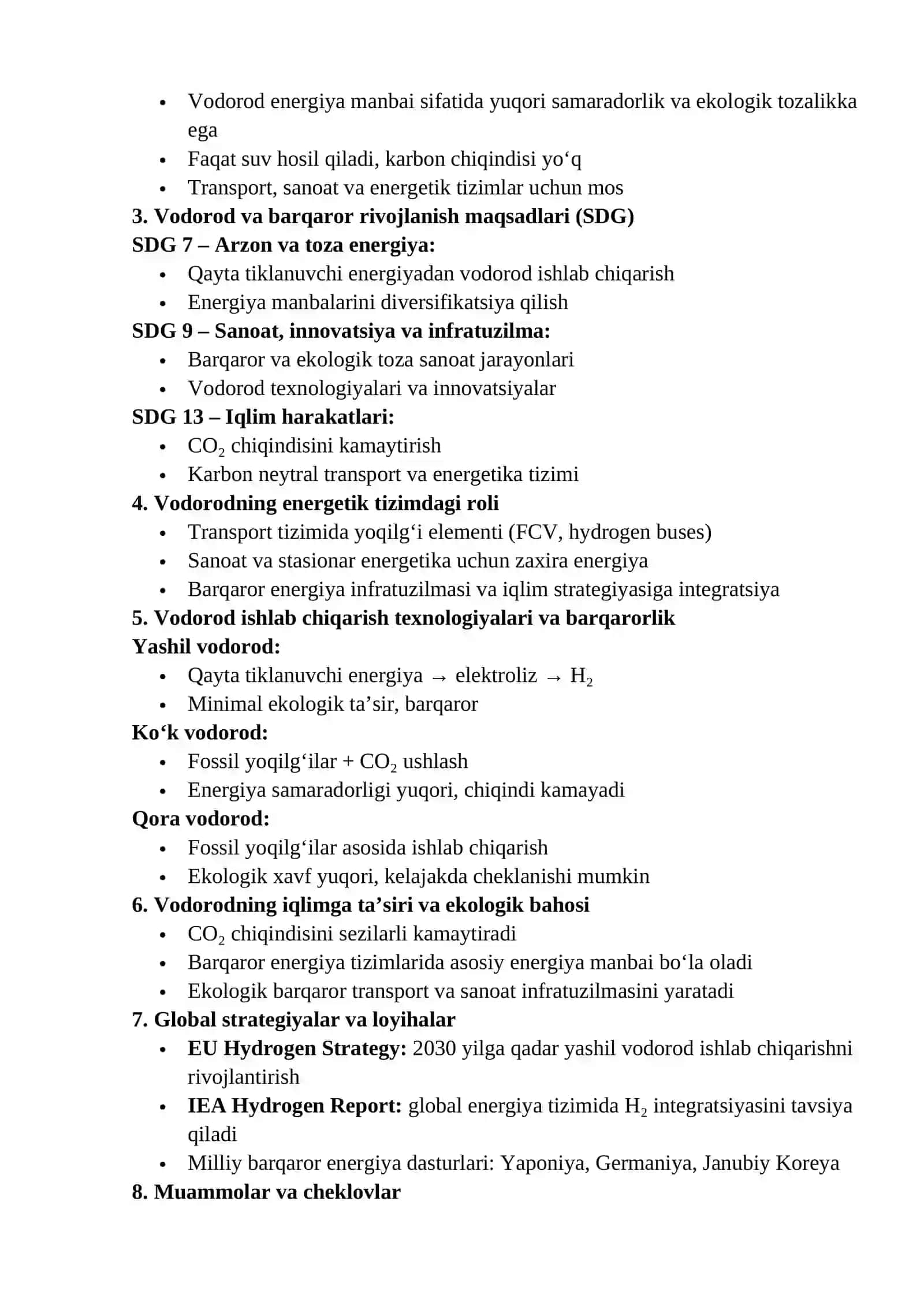 Vodorod energetikasi va barqaror rivojlanish maqsadlari 2