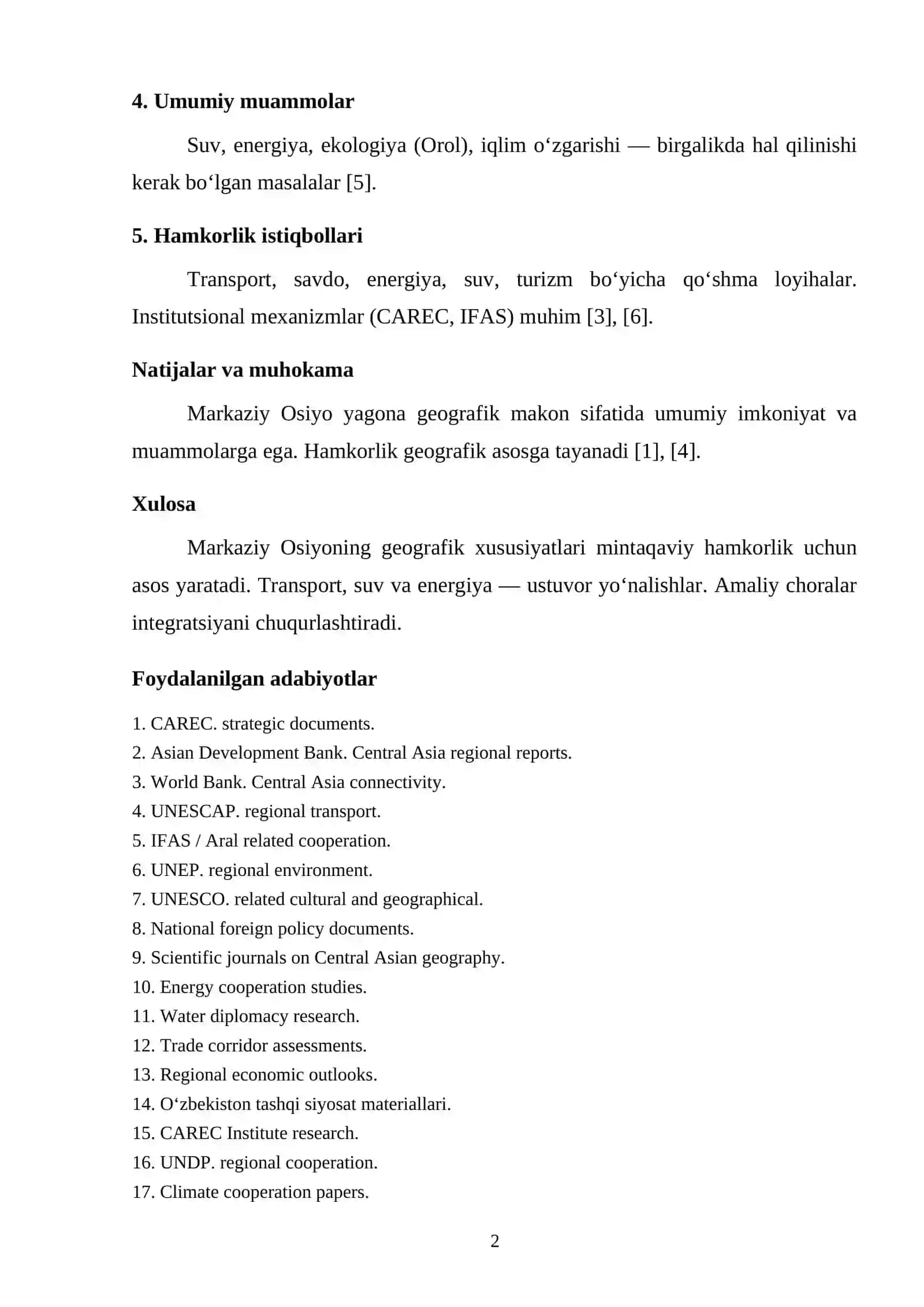 Markaziy Osiyoning Geografik Xususiyatlari va Mintaqaviy Hamkorlikdagi Ahamiyati 2