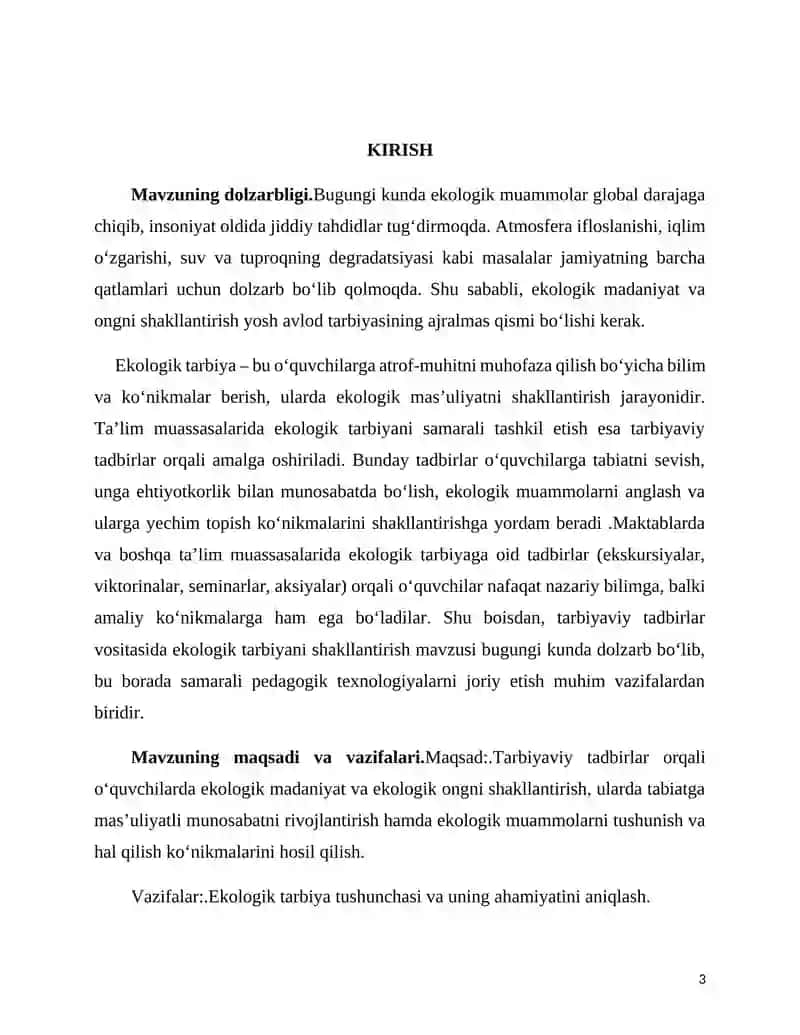 TARBIYAVIY TADBIRLAR VOSITASIDA EKOLOGIK TARBIYANI SHAKLLANTIRISH kurs ishi 2