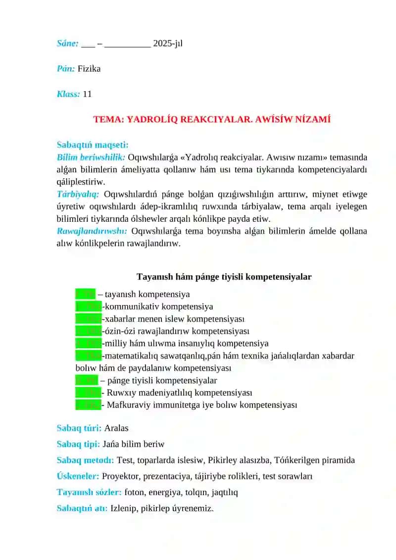 Yadrolíq reakciyalar. Awísíw nízamí 2