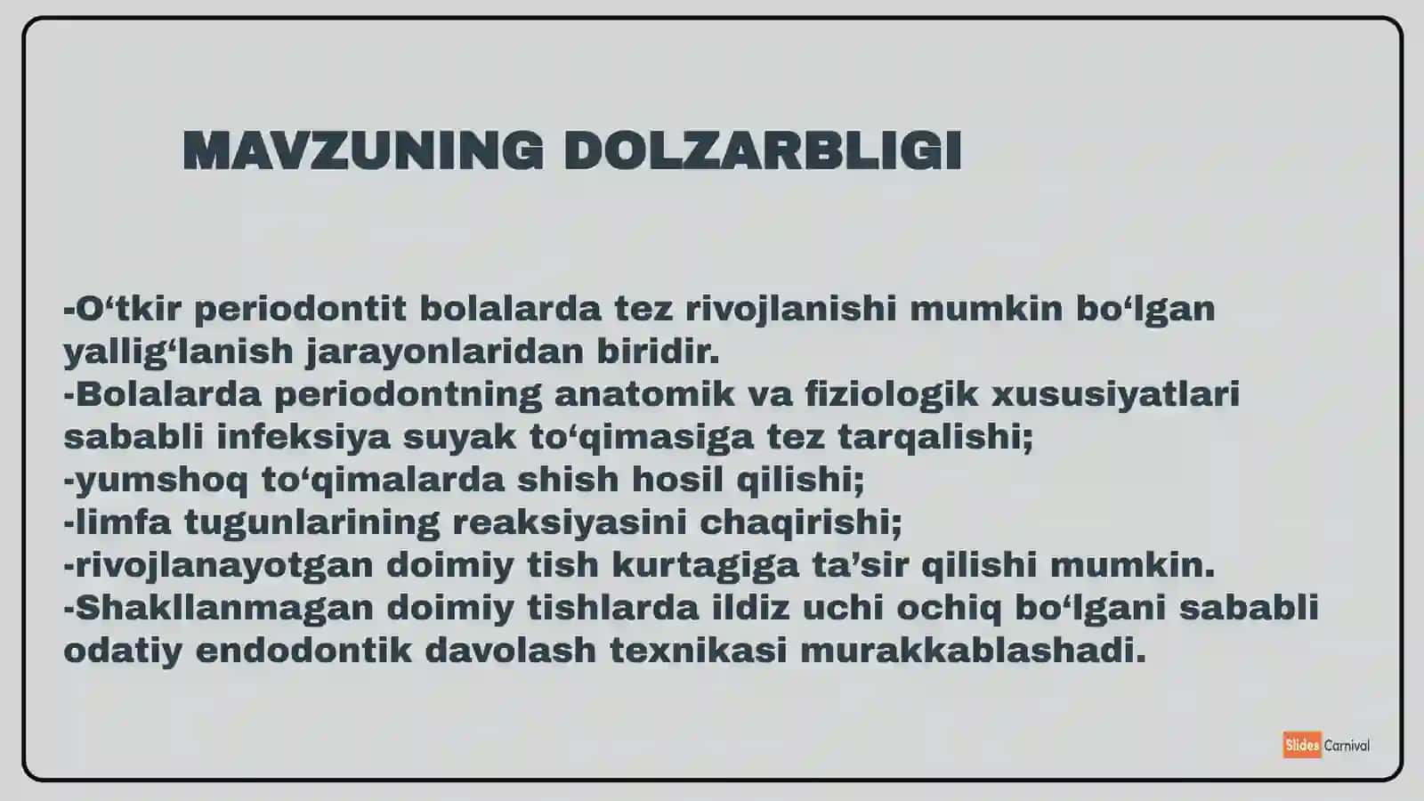 O‘TKIR PERIODONTITLARNI SHAKLLANMAGAN SUT VA DOIMIY TISHLARDA DAVOLASH PAYTIDA VA DAVOLANGANDAN SO‘NG YUZAGA KELISHI MUMKIN BO‘LGAN ASORATLAR 2