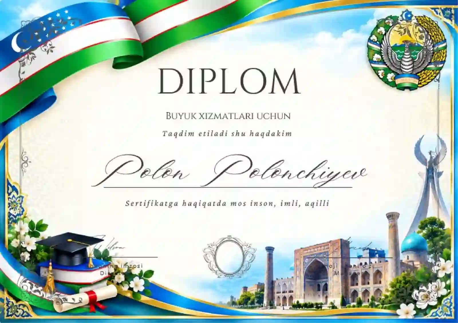 Shablon diplom, sertifikat, faxriy yorliq, tashakkurnoma yoki maqtov yorlig'i 2